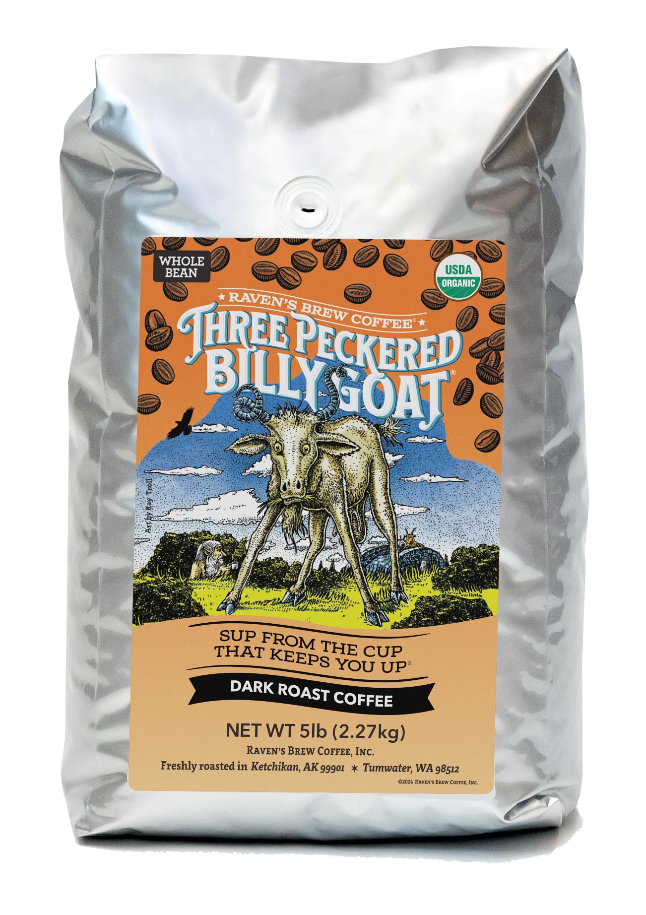 Raven's Brew Coffee Bold Organic Coffee Dark Roast Whole Bean - Organic Three Peckered Billy Goat 5lb