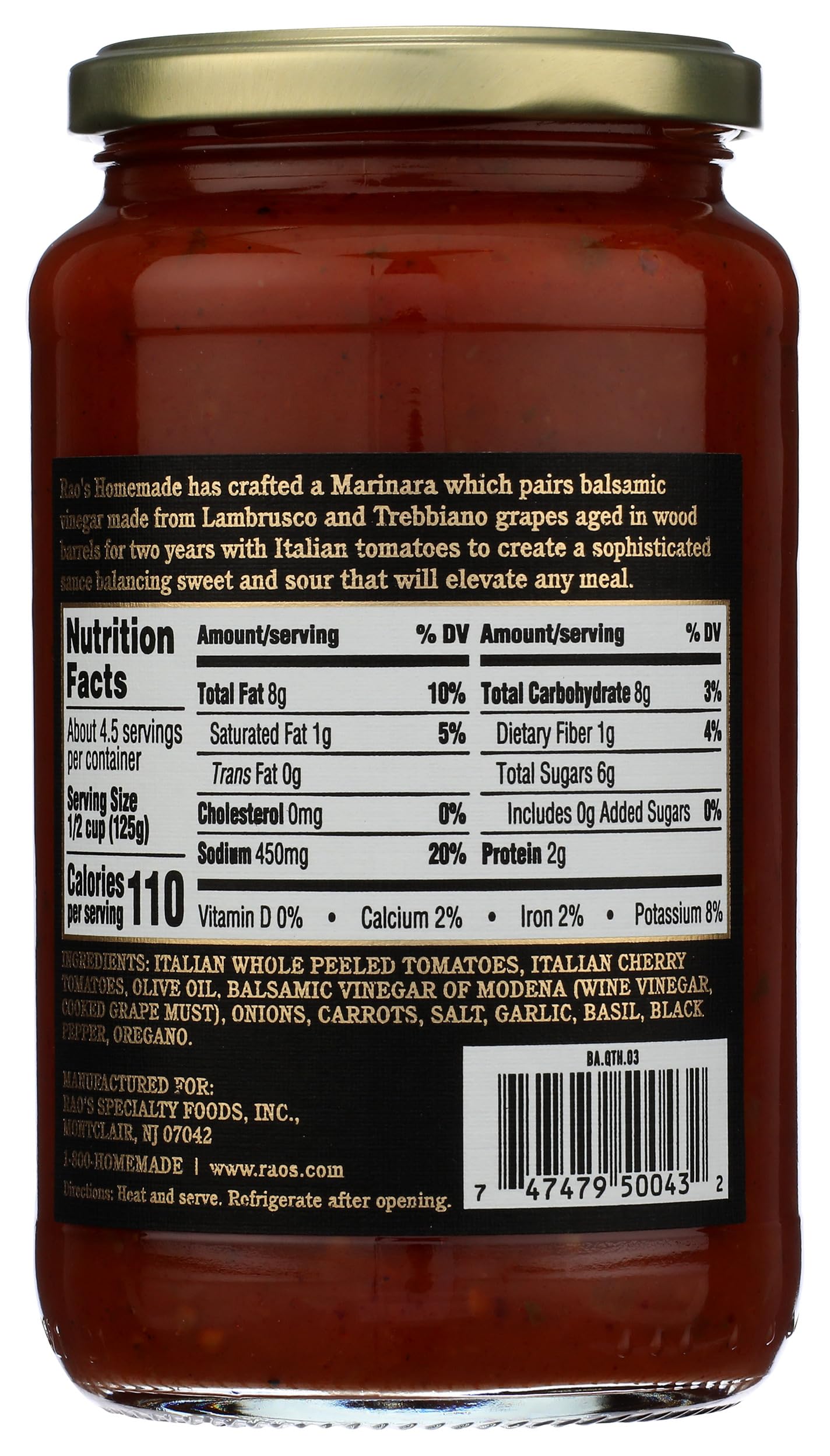 Raos Reserve Balsamic Marinara Pasta Sauce, 19 OZ