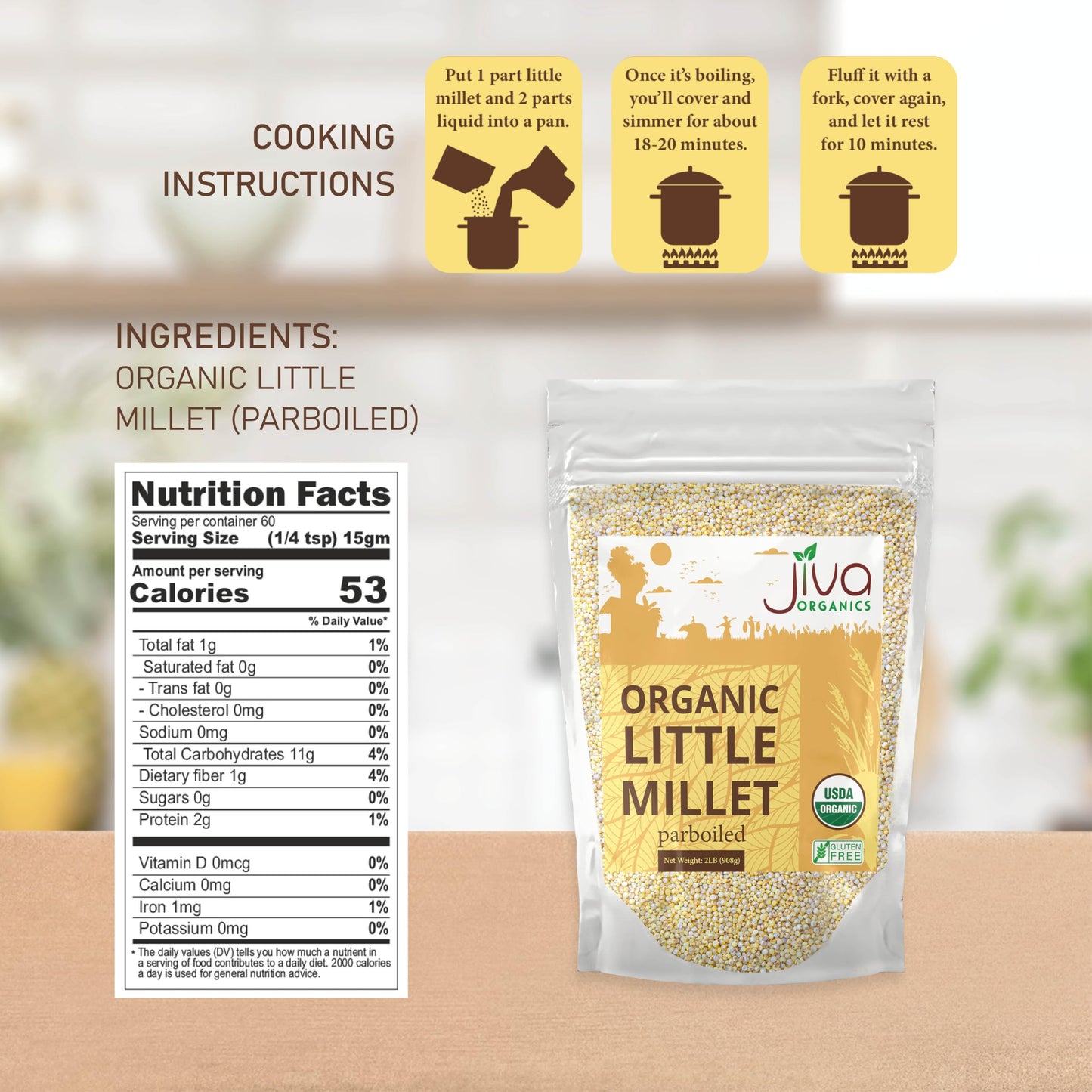 Jiva Organics Little Millet 2 LB Bag | Whole Grain, Gluten-Free & Organic | Rich in Fiber & Essential Nutrients for Healthy Cooking