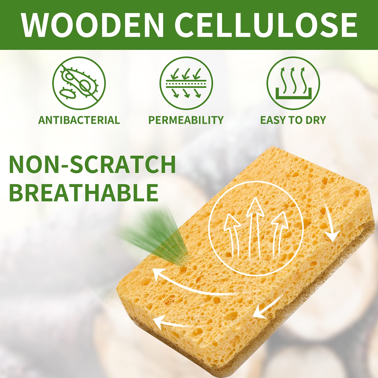 CFQ 12 Count Plant Fiber Dish Sponges, Non-Scratch, Wood Surface, 12 oz, Beige, Brown