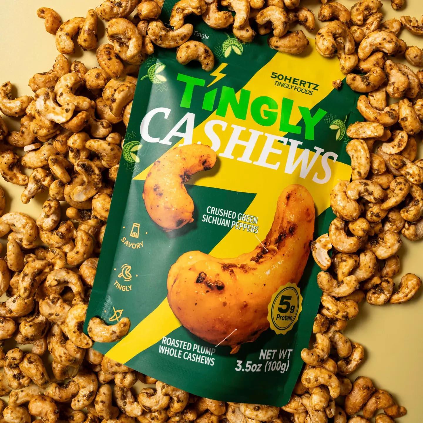 50Hertz Tingly Cashews - Numbing Mala Snack with Sichuan (Szechuan) Pepper, Sweet & Savory Roasted Cashews, Unique Tongue-Tingling Flavor, Vegan, 3.5