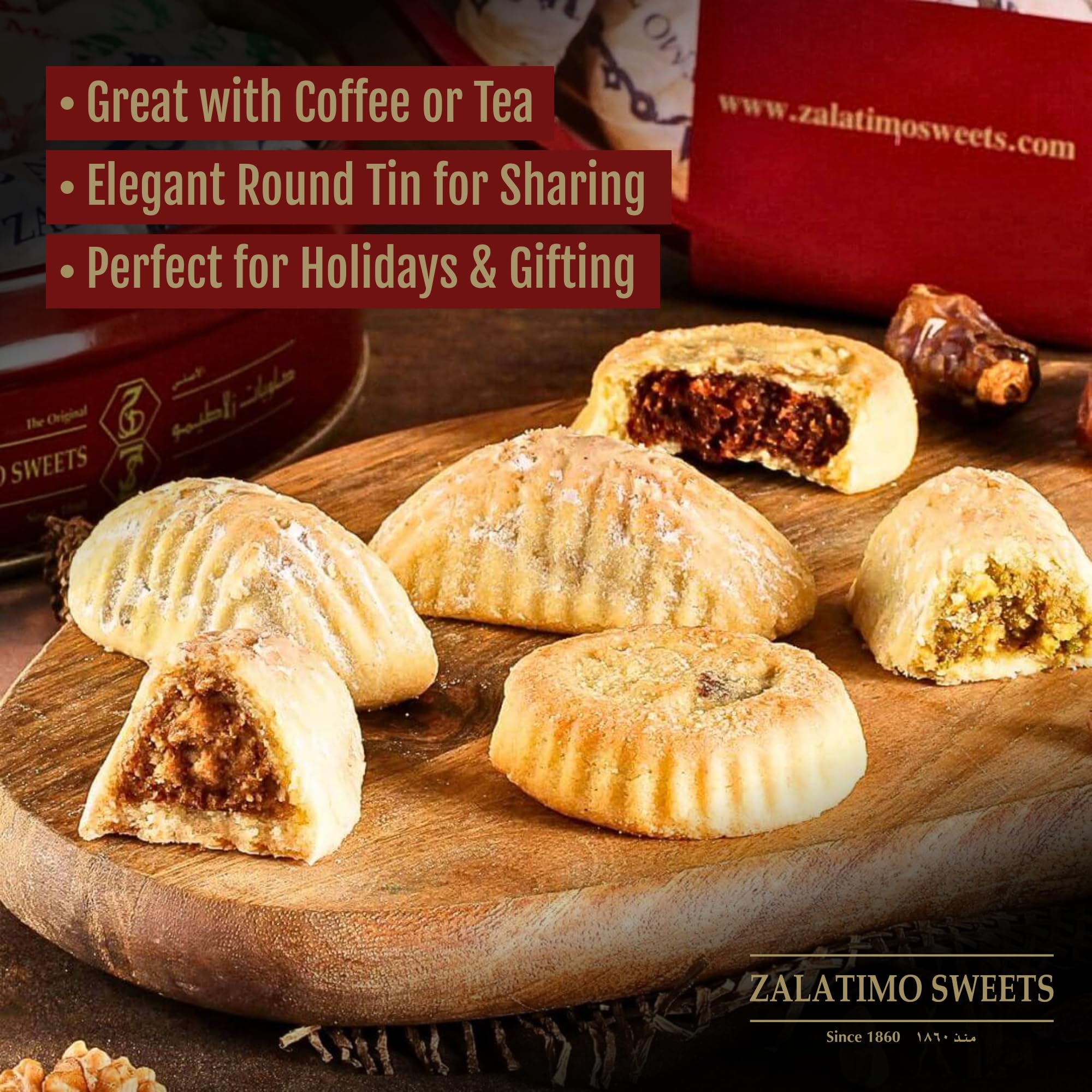 Zalatimo Sweets Since 1860, 100% All Natural Assorted Mamoul Shortbread Cookies, Square Metal Gift Tin, Slightly Sweet Cookies, Pistachio, Walnuts