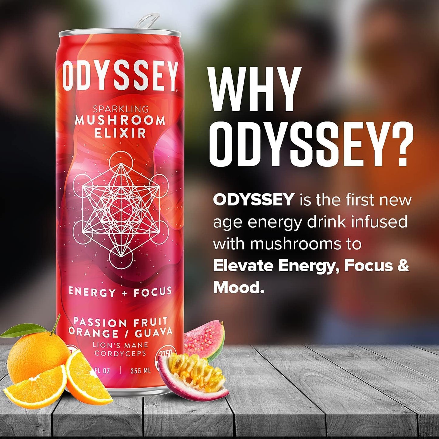 Odyssey Elixir Sparkling Adaptogen Drink, Low Calorie Drinks with L Theanine, Lions Mane, Cordyceps and Green Tea Caffeine for Energy and Focus