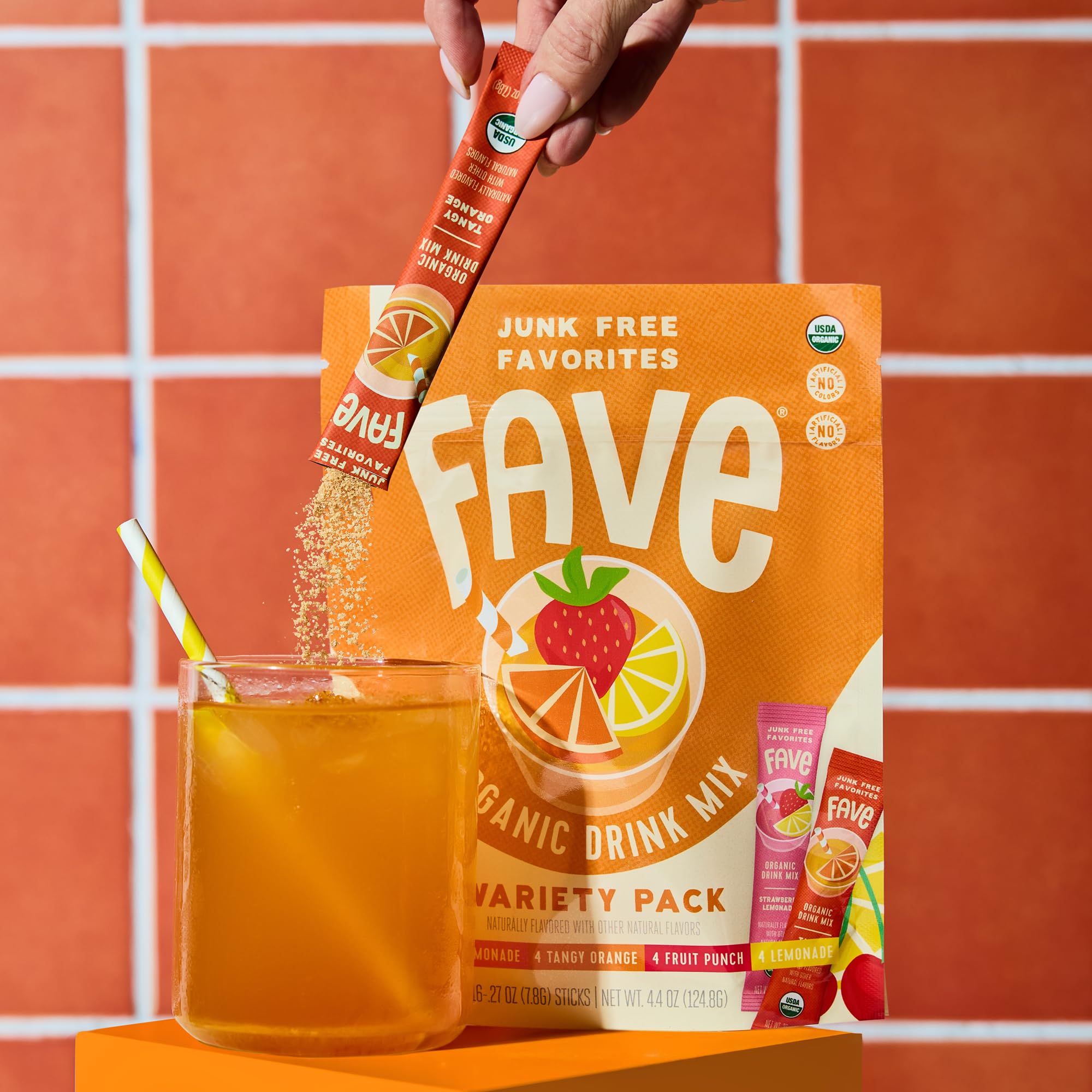 FAVE USDA Organic Drink Mix Variety Pack, 16 Stick Pouch | Lemonade, Strawberry Lemonade, Fruit Punch & Tangy Orange | No Artificial Colors or