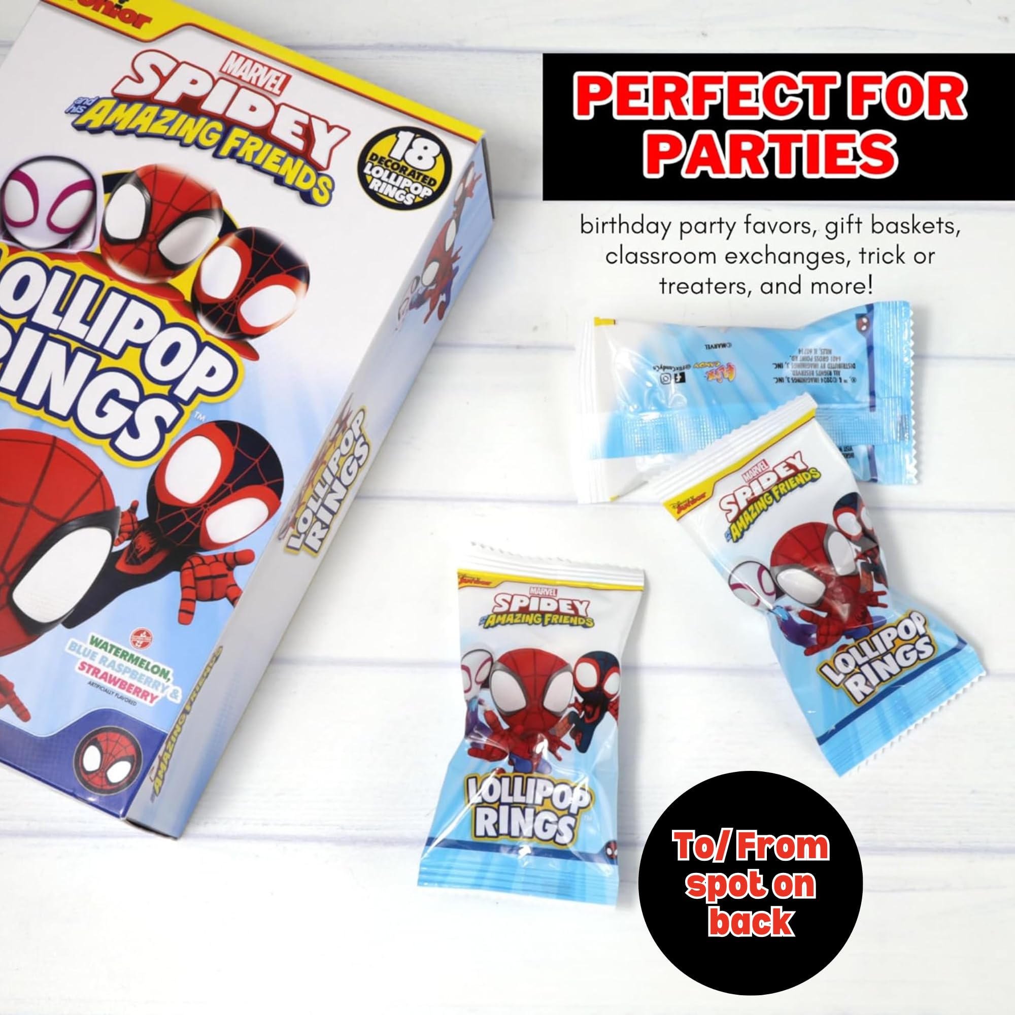 Spidey and His Amazing Friends Birthday Party Favor, Individually Wrapped Lollipop Rings, Ghost-Spider, and Miles Morales Decorated Suckers, Box of 18