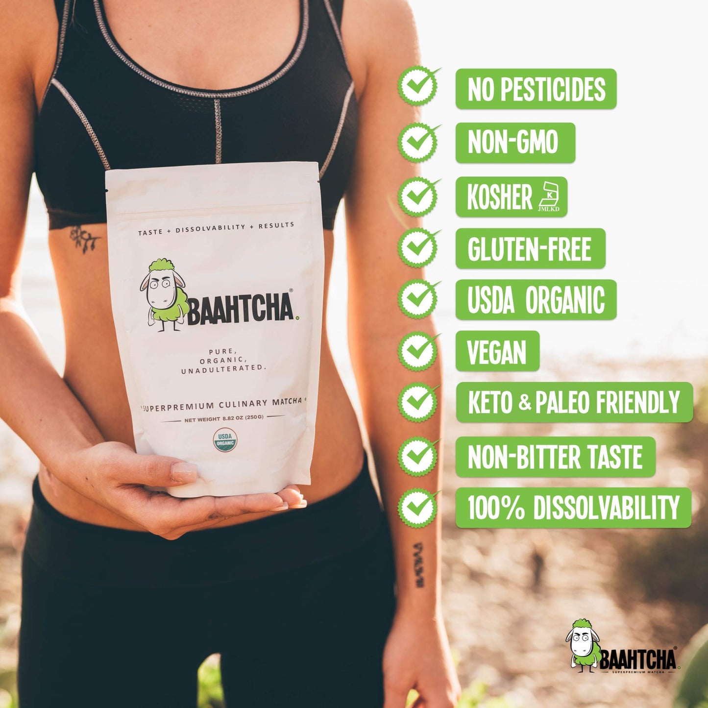 Baahtcha - USDA Organic Matcha Green Tea Powder - Premium Culinary Grade Natural Caffeine Energy Booster, Antioxidant, Kosher, Keto Friendly, Gluten