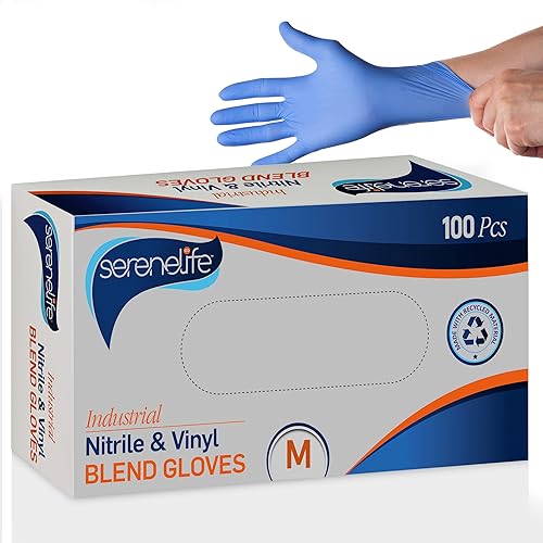 SereneLife Nitrile Disposable Soft Industrial and Vinyl Blend Powder & Latex-Free Protective Gloves, Soft & Comfortable, Size Small, Sky Blue, 100