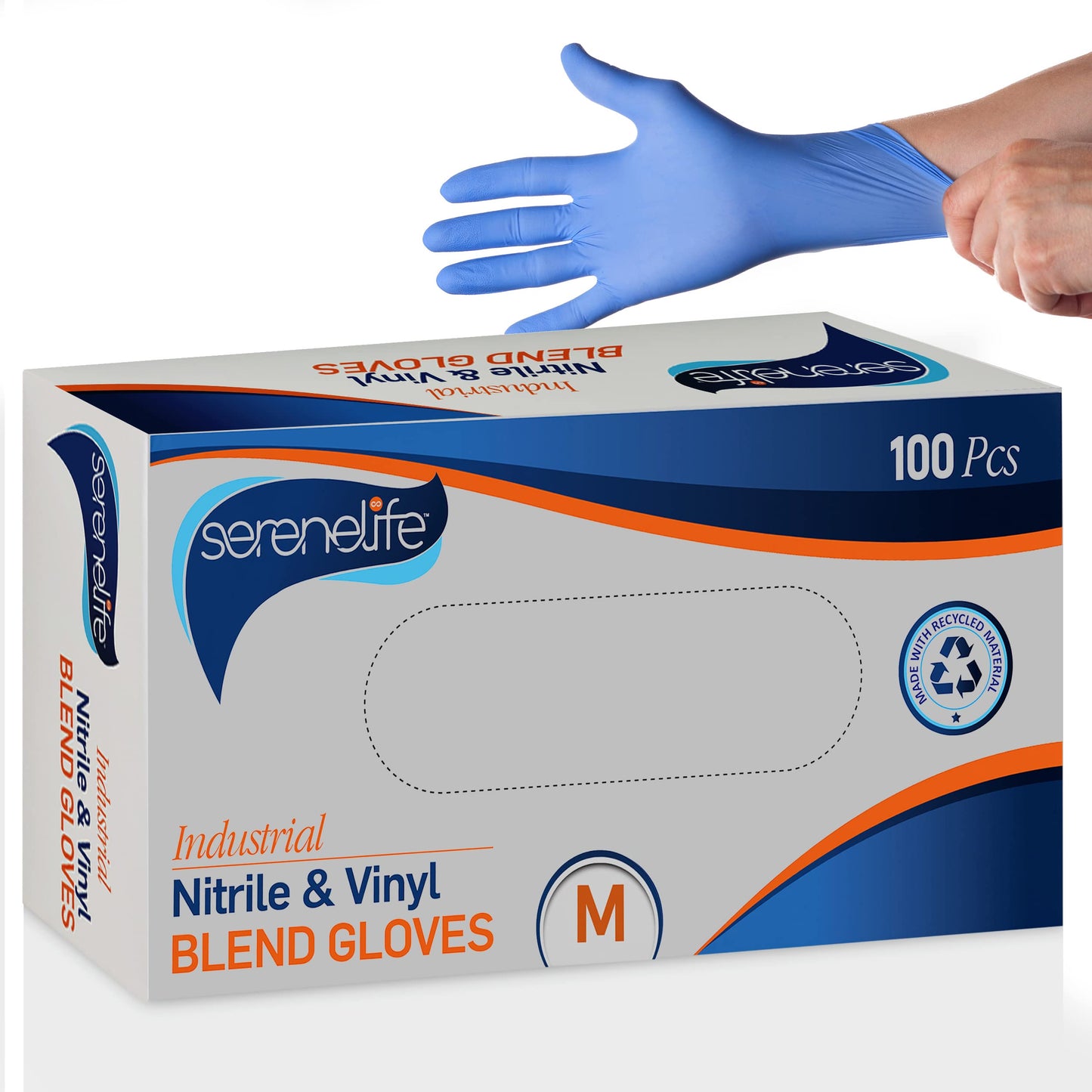 SereneLife Nitrile Disposable Soft Industrial and Vinyl Blend Powder & Latex-Free Protective Gloves, Soft & Comfortable, Size Small, Sky Blue, 100