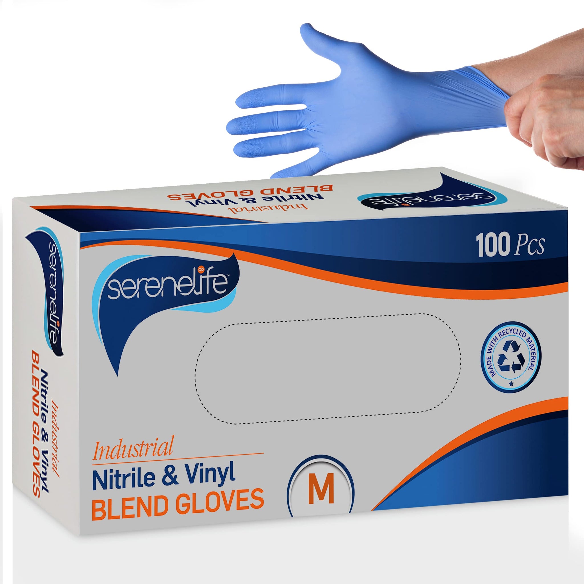 SereneLife Nitrile Disposable Soft Industrial and Vinyl Blend Powder & Latex-Free Protective Gloves, Soft & Comfortable, Size Small, Sky Blue, 100