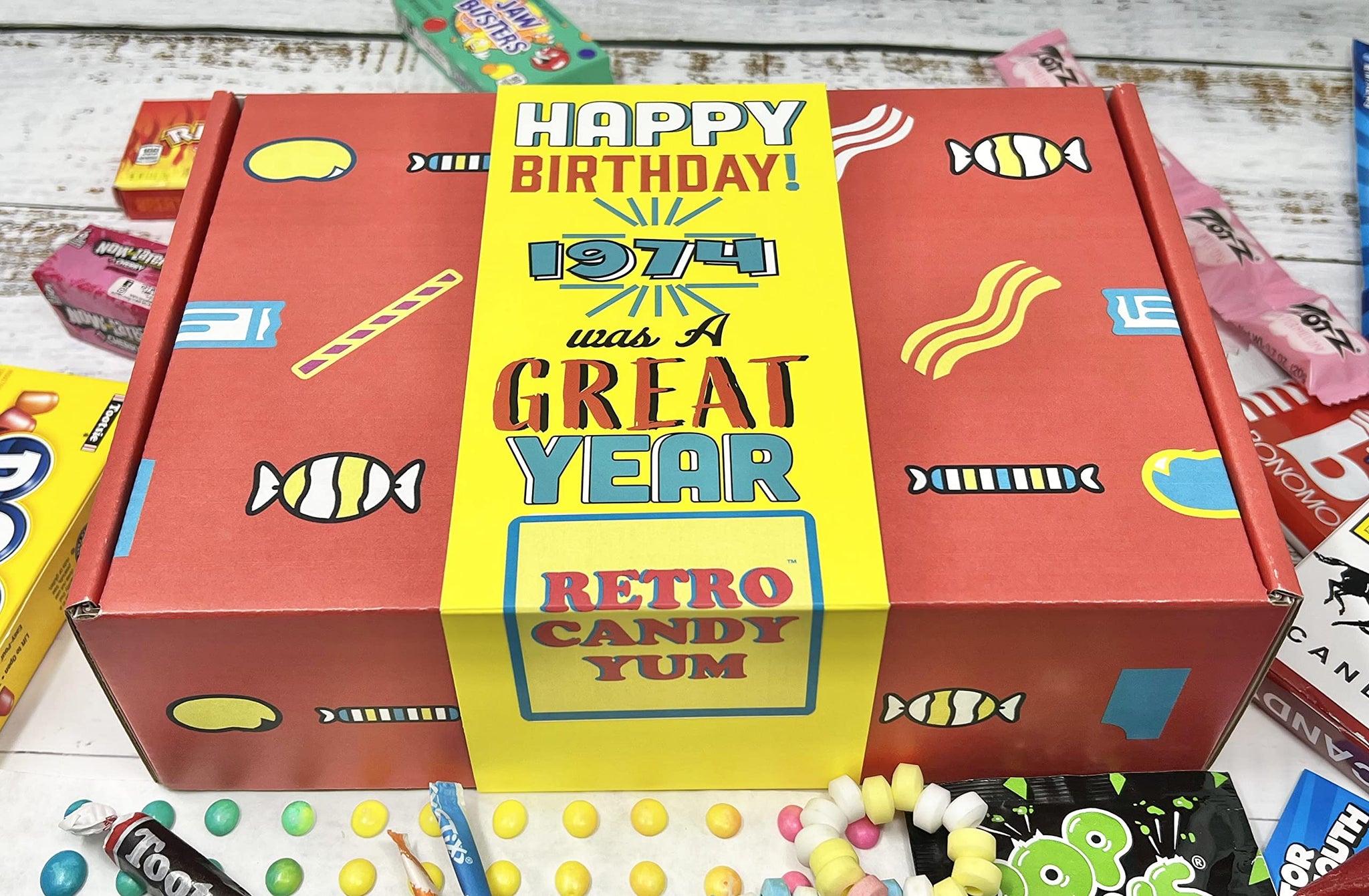 RETRO CANDY YUM ~ 1974 52nd Birthday Gift Box of Nostalgic Candy from Childhood for 52 Year Old Man or Woman Born 1974 Jr