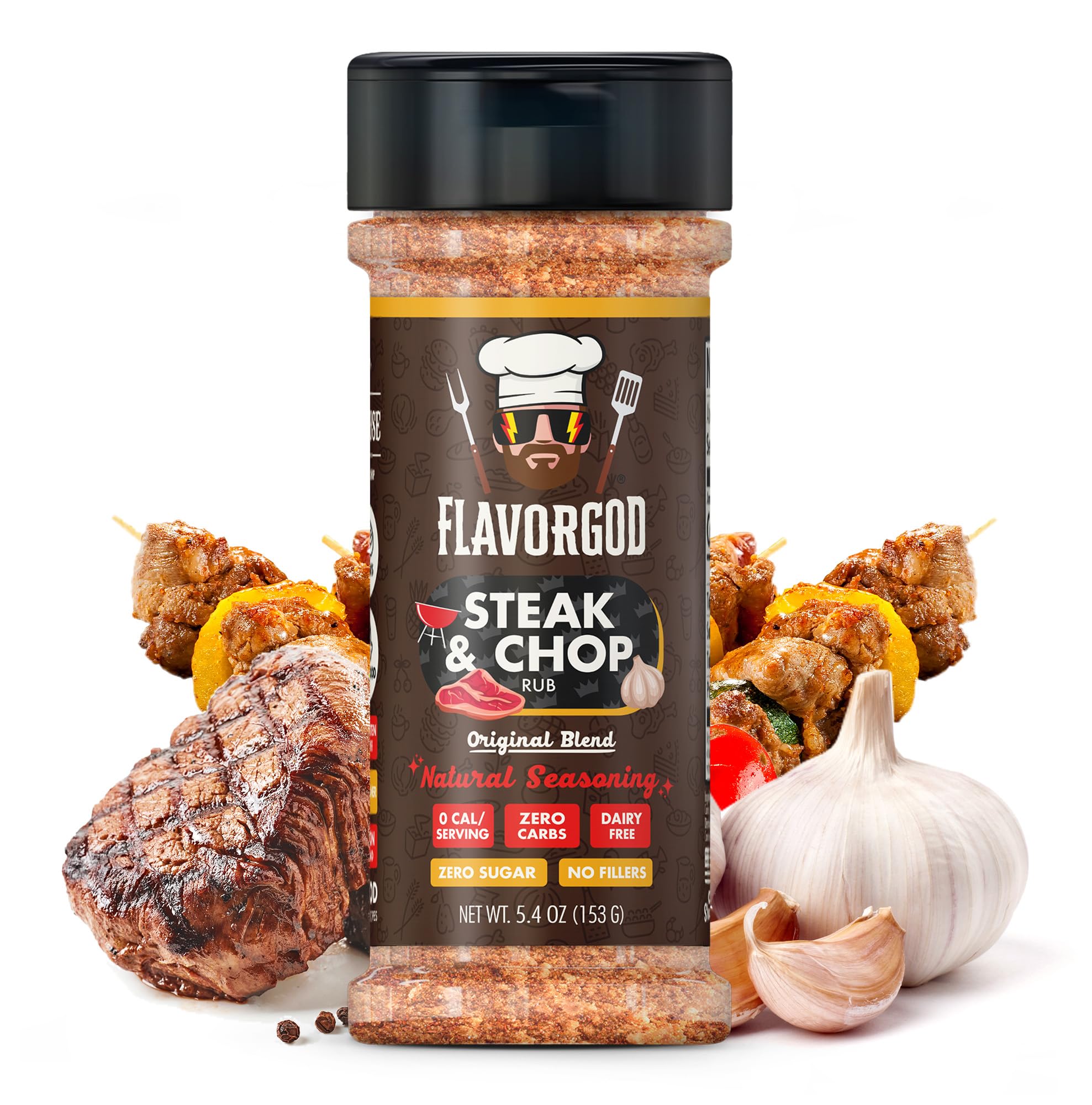 Steak & Chop Rub Seasoning Mix by Flavor God - Premium All Natural & Healthy Spice Blend for Beef, Pork & Vegetables - Kosher, Zero Carbs
