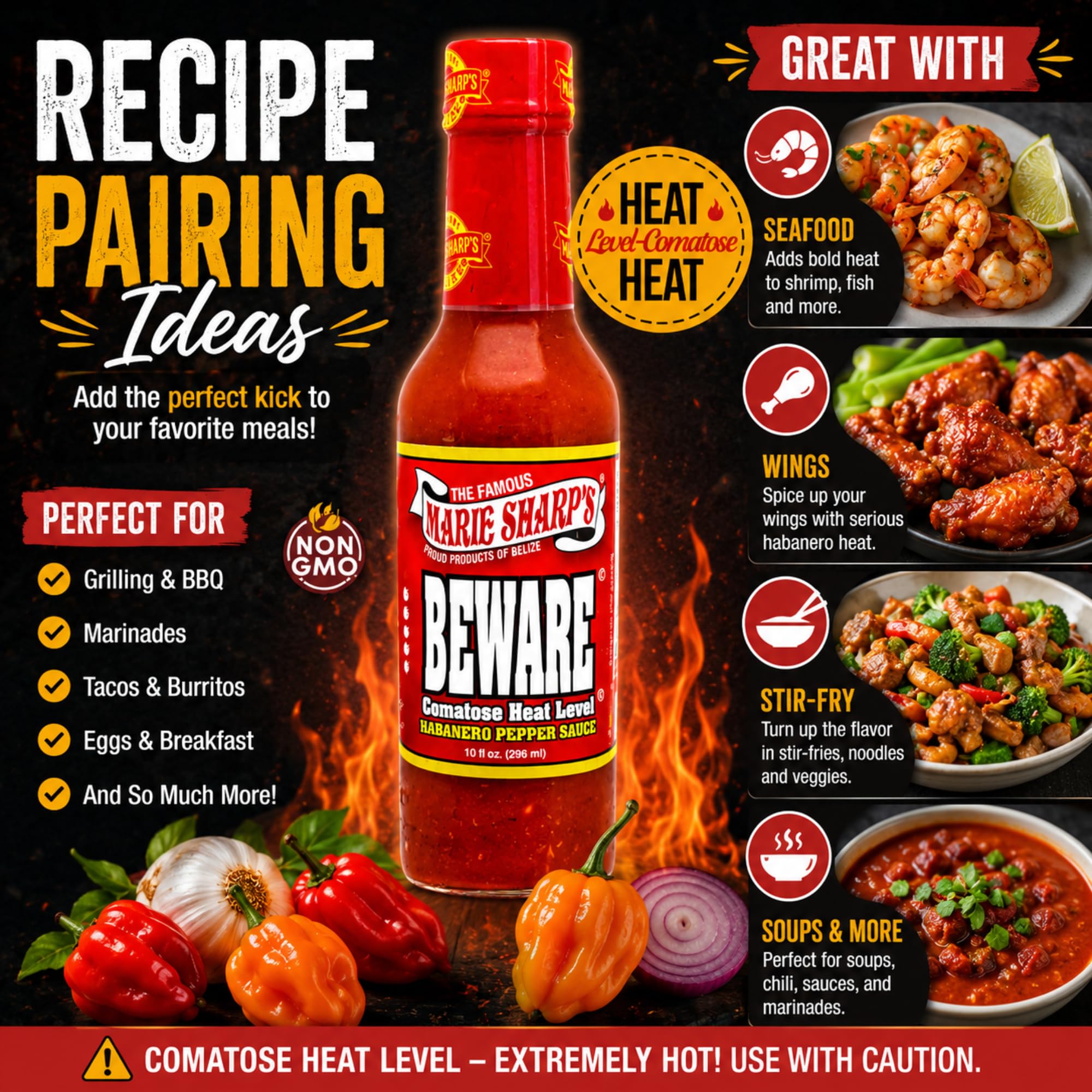 Marie Sharp’s BEWARE Comatose Heat Level Habanero Pepper Sauce, 10 oz | Extreme Heat Hot Sauce from Belize | All-Natural, No Preservatives |