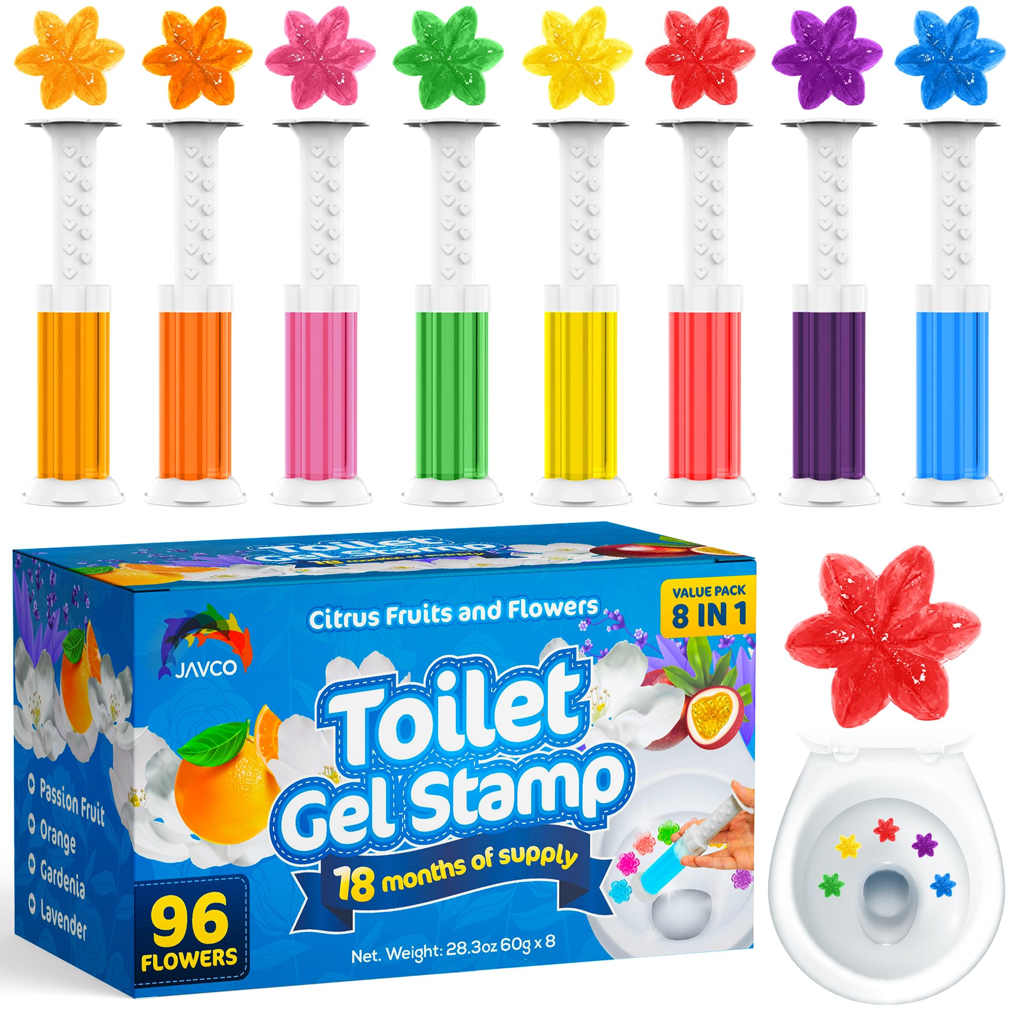 JAVCO Toilet Gel Stamps, 96 Flower Stamps Toilet Bowl Freshener, Long Lasting Toilet Cleaners Gel for Bathroom Odor Control, 8 Mixed Scents, Automatic