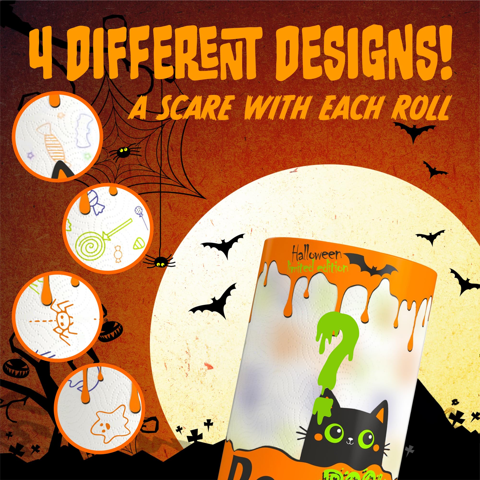 Renova Set of 3 Halloween Kitchen Paper Towel Jumbo Rolls 2-ply 120 Sheets - Spider Napkins - Ghost Paper Napkins for HalloweenDecor Idea
