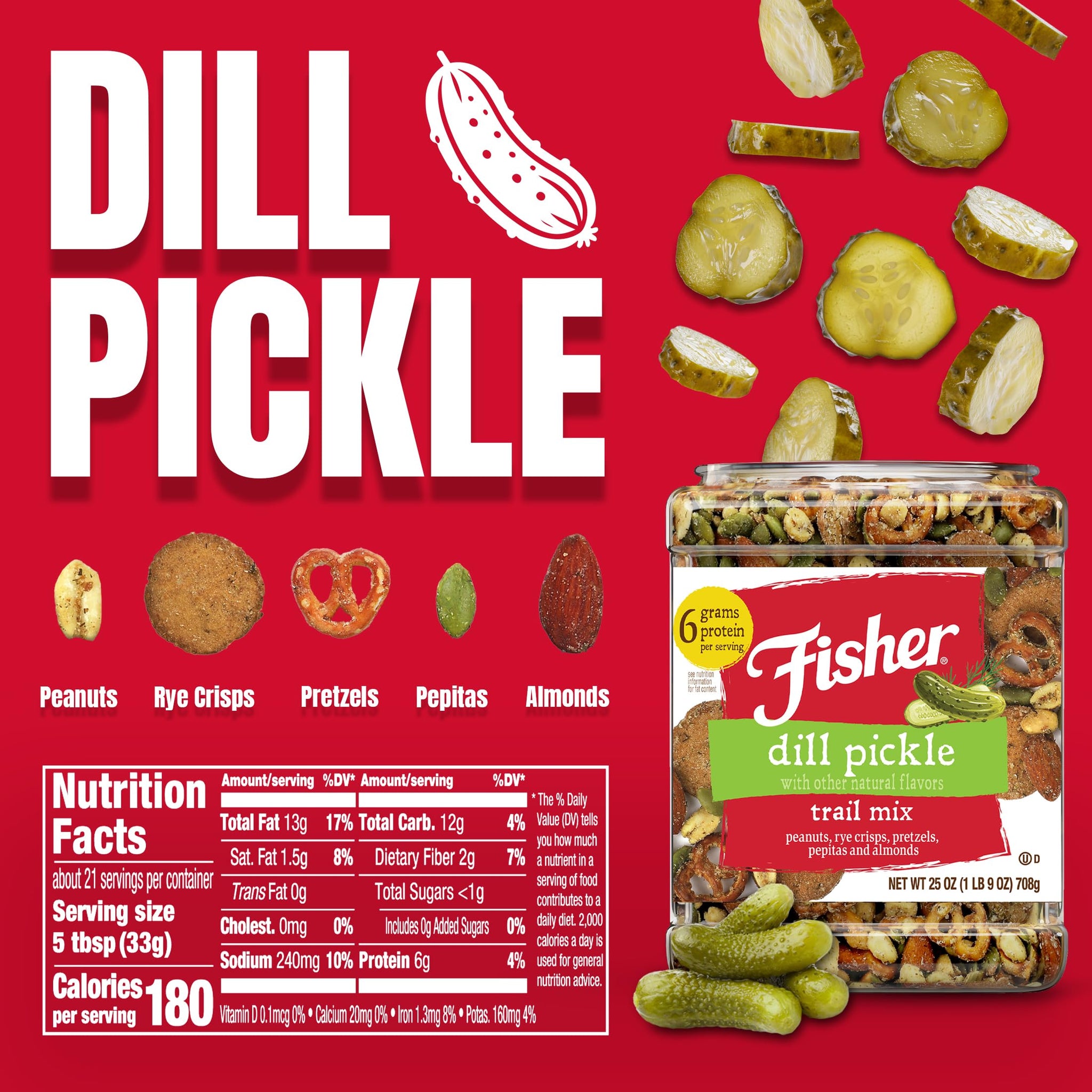 Fisher Dill Pickle Trail Mix, 25 oz (Pack of 1), Resealable Jar, Peanuts, Rye Crisps, Pretzels, Pepitas & Almonds, 6 g Protein Snacks, No Artificial