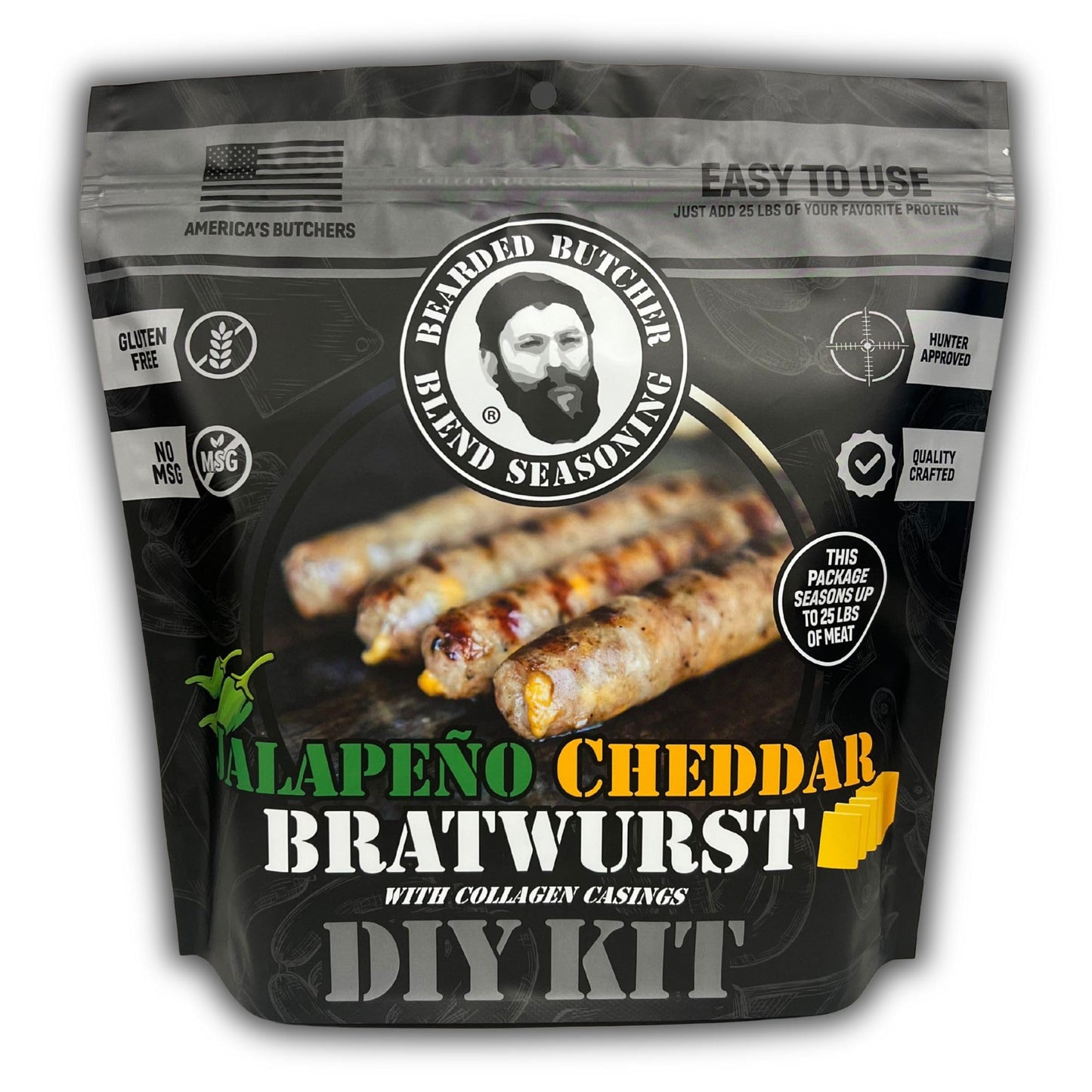 Bearded Butchers Jalapeño Cheddar Bratwurst DIY Kit - Make Spicy, Savory Brats at Home! Includes Bratwurst Seasoning, 32mm Collagen Casings, Jalapeño