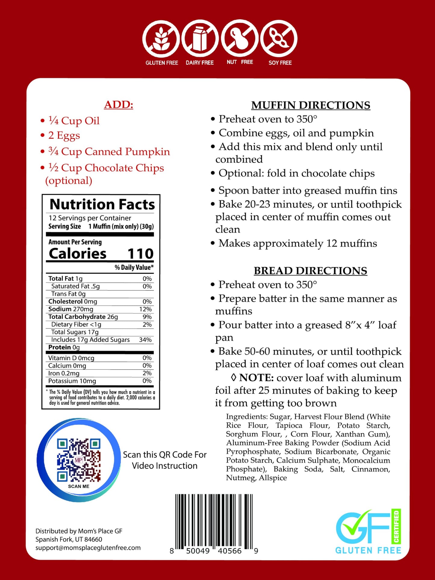 Mom's Place Gluten-Free Pumpkin Harvest Muffin & Bread Mix, Nut-Free, Soy Free & Dairy Free, 12 Servings, 12.5 oz