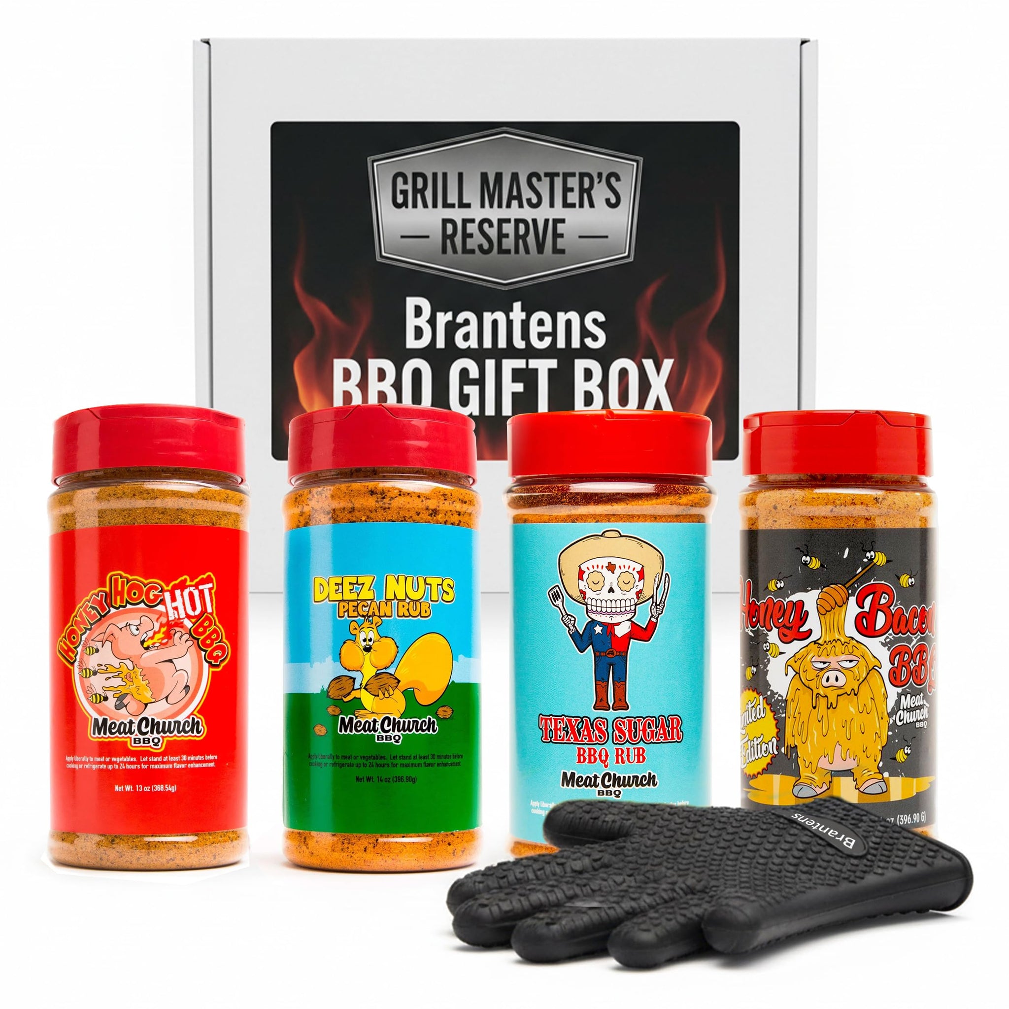 Branten's BBQ Rub Gift Box Combo: Four Bottles of Seasoning for Meat and Vegetables, Gluten Free, Total of 49.5 Ounces, with Silicone Mitt Included