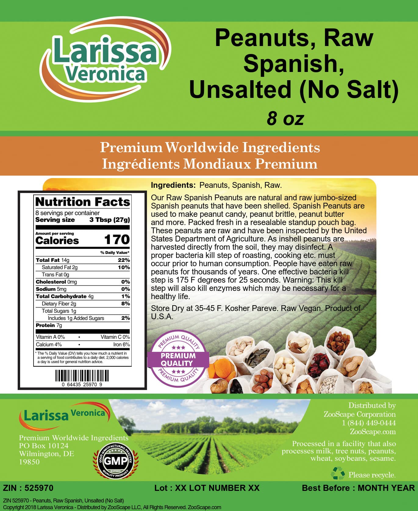 Peanuts, Raw Spanish, Unsalted (No Salt) (8 oz, ZIN: 525970)