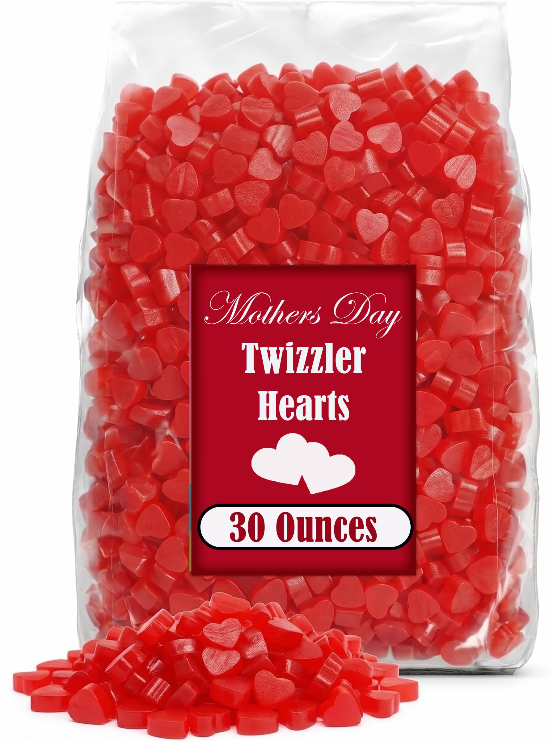 Mother's Day Candy Heart Twizzles, 30 oz. Bulk, Red Heart Cherry Flavored Jellies, Heart-Shaped Chewy Licorice Candy Bag, Gummy Candy Bulk, Mother's
