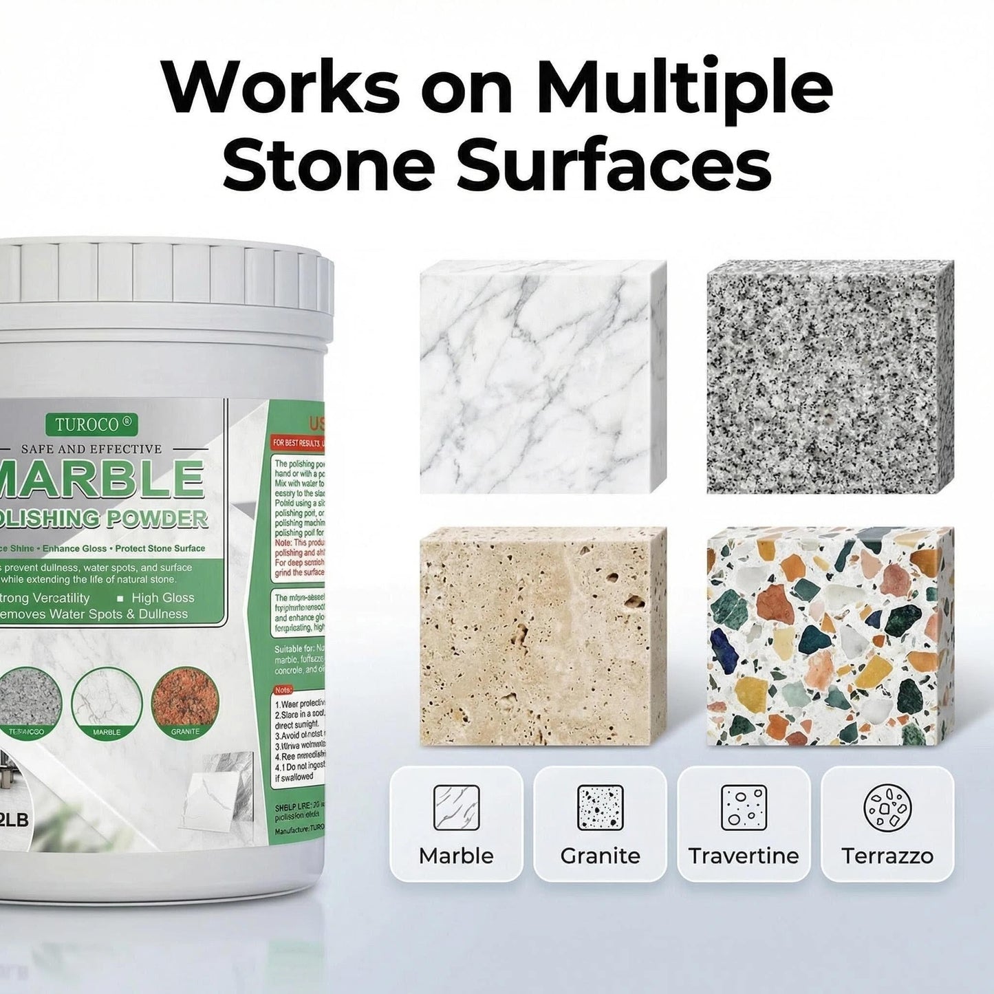 Turoco Marble Polishing Powder 2.3LB for Stone Restoration, Stone Polish Compound for Marble, Granite and Natural Stone