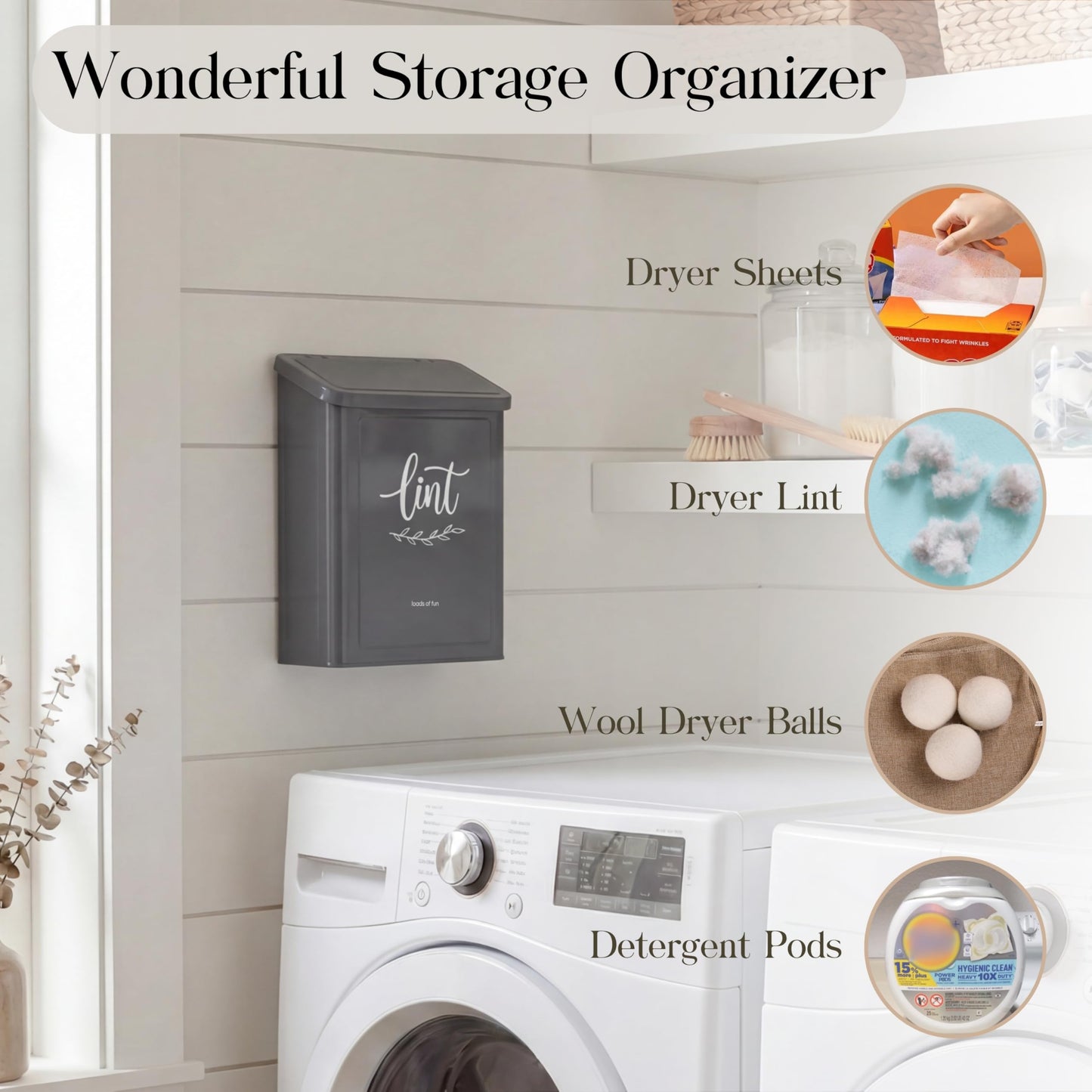 Perfnique Magnetic Lint Bin for Laundry Room with Lint Brush, Wall Mounted Lint Holder Trash can with lid for Dryer, Modern Farmhouse Rustic Metal