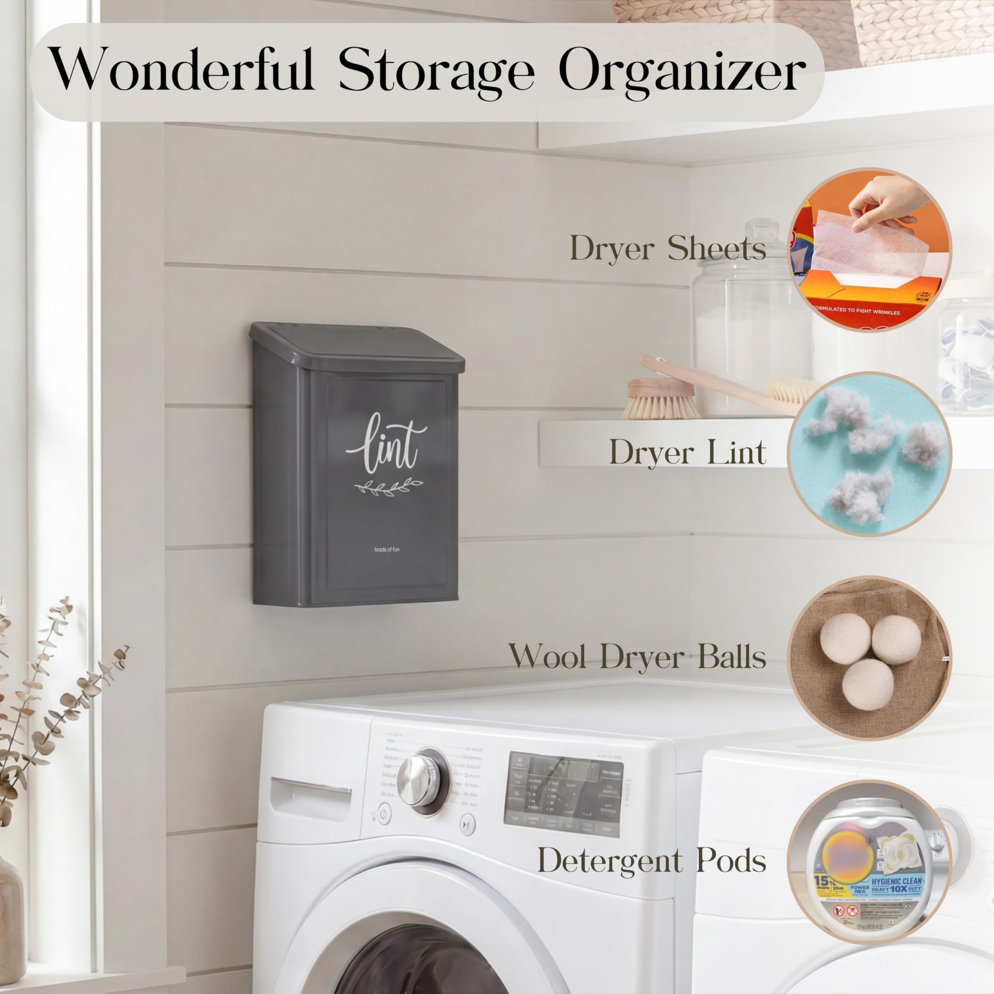 Perfnique Magnetic Lint Bin for Laundry Room with Lint Brush, Wall Mounted Lint Holder Trash can with lid for Dryer, Modern Farmhouse Rustic Metal