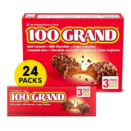 100 Grand Crispy Milk Chocolate with Caramel, Share Size Individually Wrapped Candy Bars, 2.2 oz each, Bulk 24 Count Box