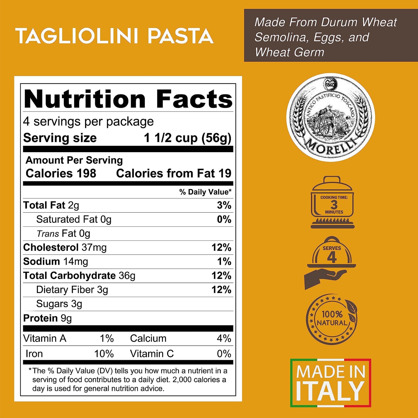 Morelli Egg Tagliolini Italian Pasta Noodles - Gourmet Pasta Handmade in Small Batches with Durum Wheat Semolina, Imported from Italy - 8.8 oz (250