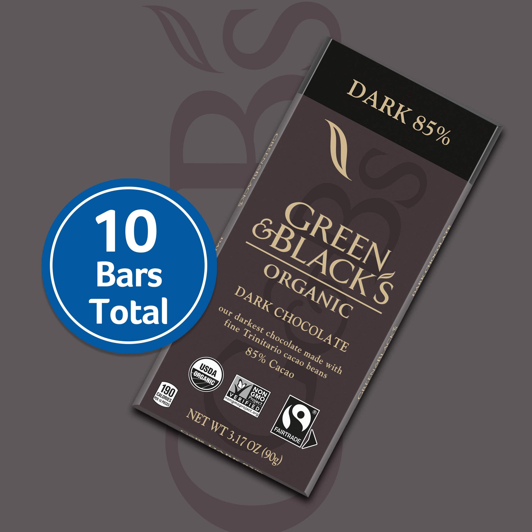 Green & Black's Organic Dark Chocolate Bar, 85% Cacao, 10 - 3.17 oz Bars