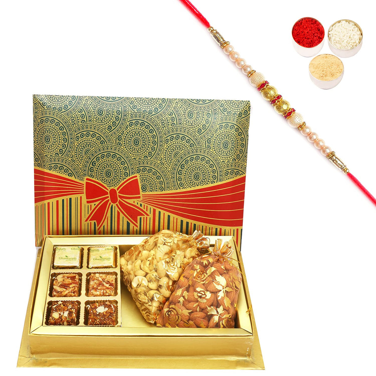 Ghasitaram Gifts Rakhi Gifts for Brothers Rakhi Chocolate 6 Pcs Assorted Choco Dryfruit Bites,Almonds, Cashews Pouches in Fancy Gift Box with Pearl