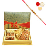 Ghasitaram Gifts Rakhi Gifts for Brothers Rakhi Chocolate 6 Pcs Assorted Choco Dryfruit Bites,Almonds, Cashews Pouches in Fancy Gift Box with Pearl