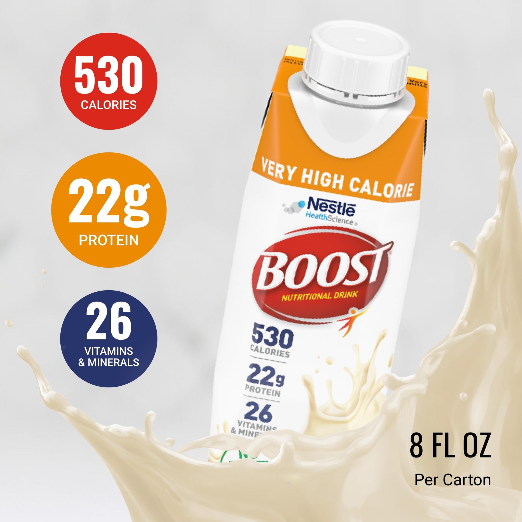 Boost Very High Calorie Very Vanilla Nutritional Drink - 22g Protein, 530 Nutrient Rich Calories, 8 Fl Oz (Pack of 24)