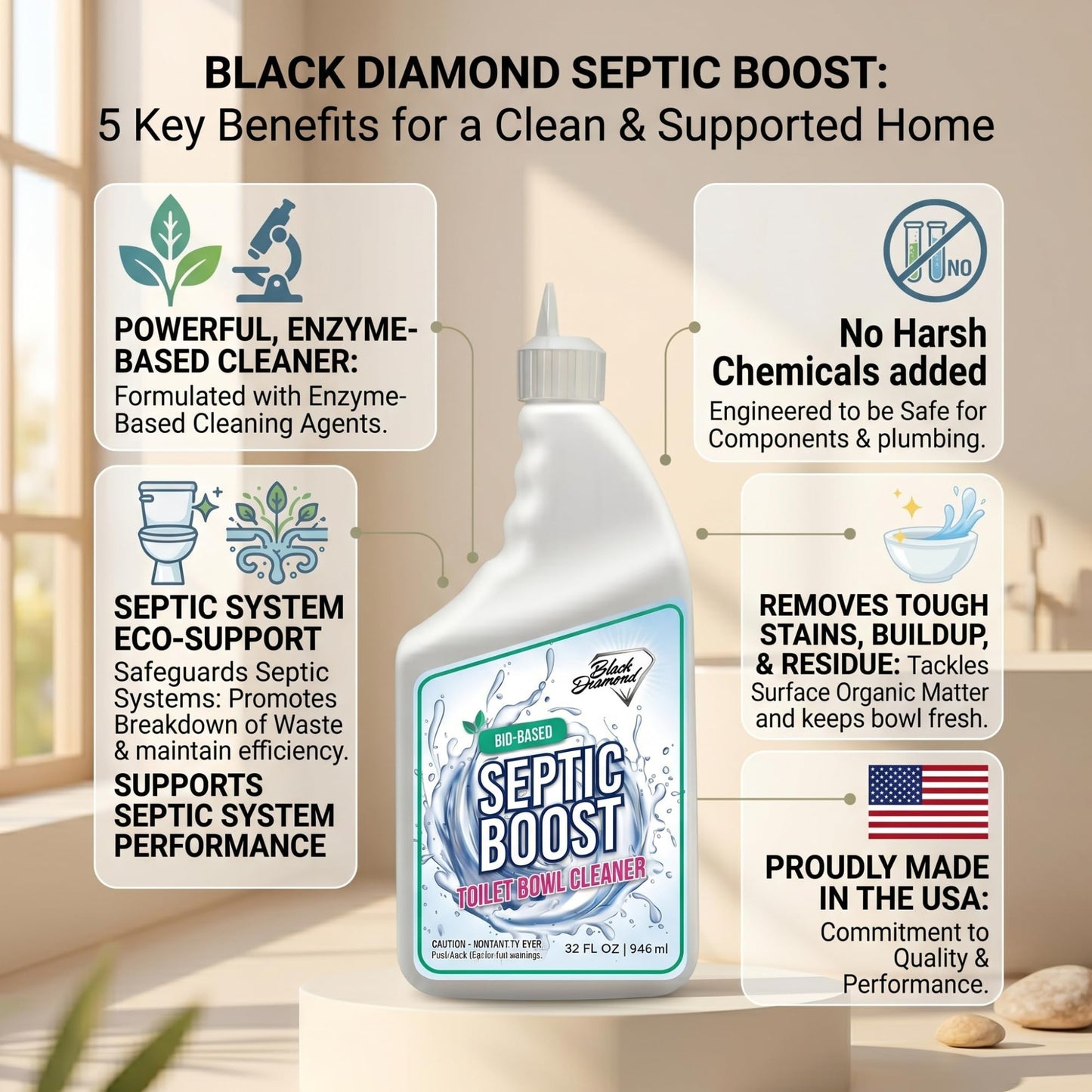 Septic Safe Toilet Bowl Cleaner - Septic Boost Acid-Free Toilet Cleaner with Enzymes for Septic Tank Treatment - Effective Cleaning & Deodorizing