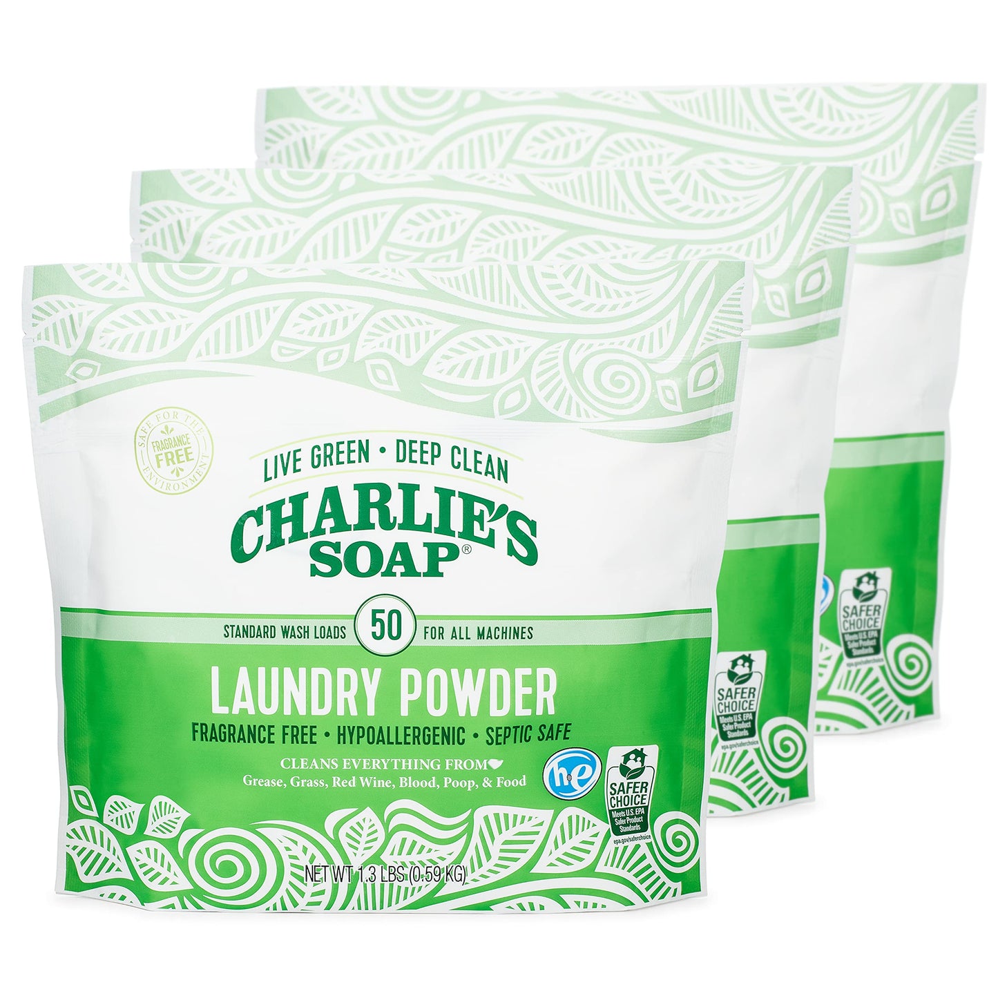 Charlie’s Soap Laundry Powder (50 Loads, 3 Pack) Hypoallergenic Deep Cleaning Washing Powder Detergent - Eco-Friendly, Safe, and Effective