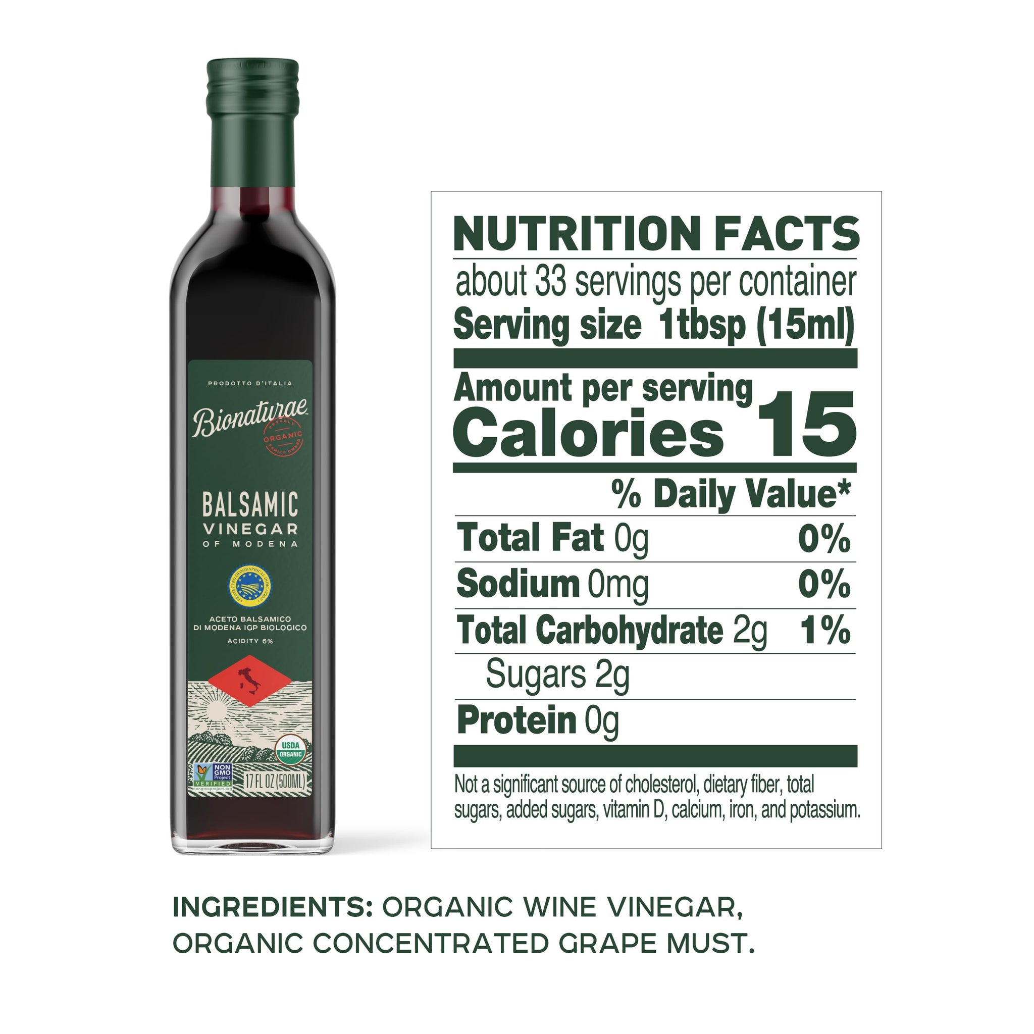 Bionaturae Vinegar Balsamic - Organic Balsamic Vinegar, Modena Balsamic Vinegar, Acidity 6%, USDA Certified Organic, Recyclable Glass, 100% Authentic