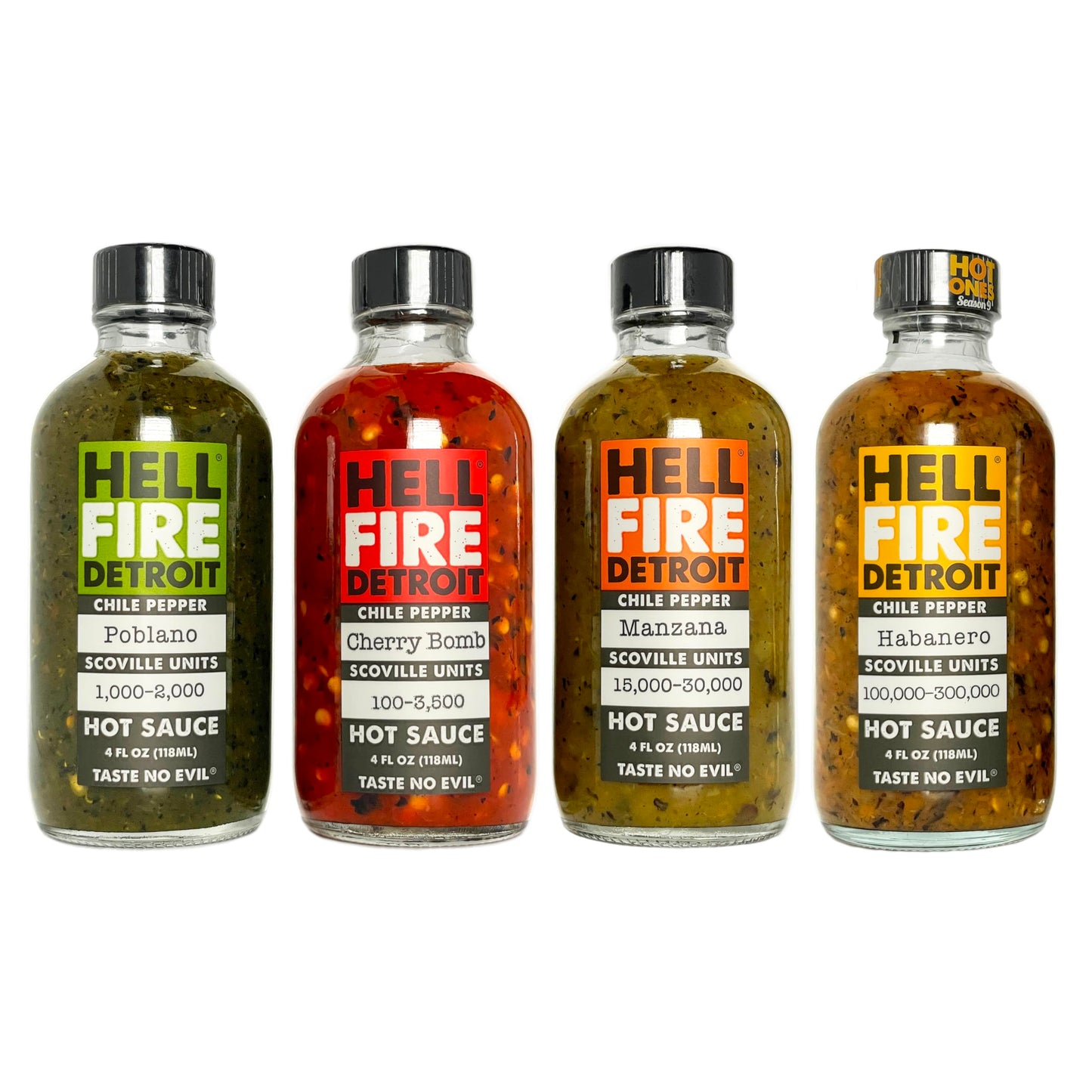 Hell Fire Detroit Hot Box #1 Gift Box (Mild, Medium, Hot, Extra Hot), Crafted with Fresh, Fire-Roasted Poblano, Cherry Bomb, Manzana, and Habanero