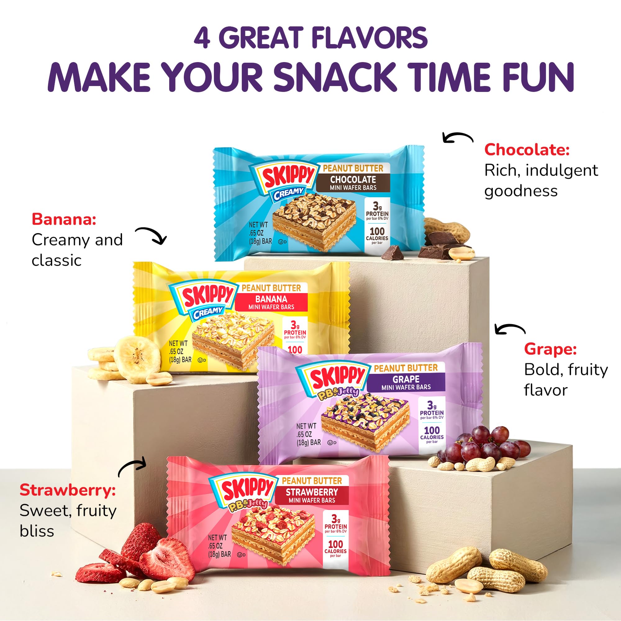 SKIPPY® Peanut Butter Wafer Bars Mini | Grape Jelly Flavored Coating | Peanut Butter Wafers with Real Fruit & Oats on Top | Sweet & Creamy Dessert