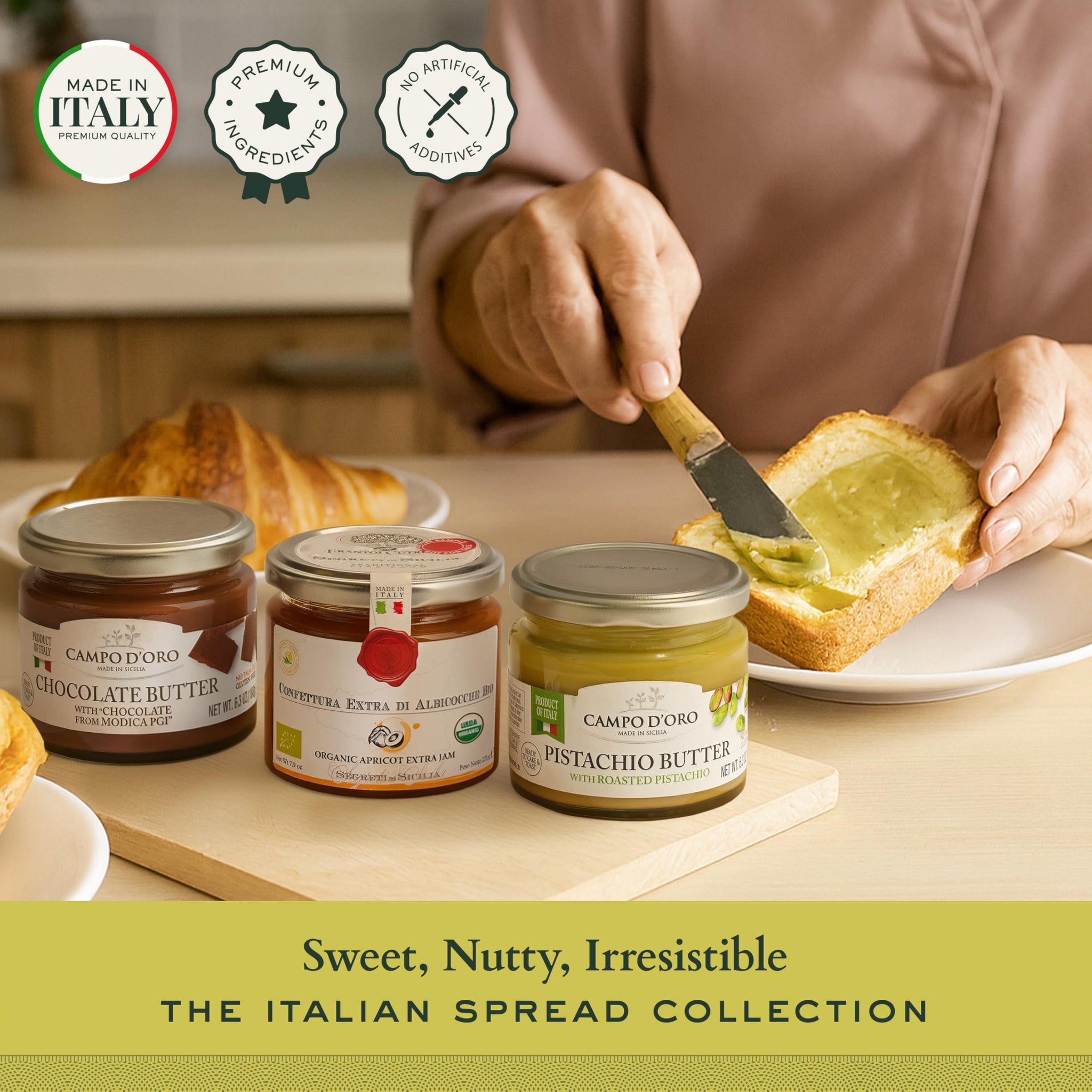 Mercato di Bellina Italian Spread & Jam Gift Set - Includes Apricot Jam, Pistachio Butter & Chocolate Spread Made in Italy, Ideal for Breakfast Gift