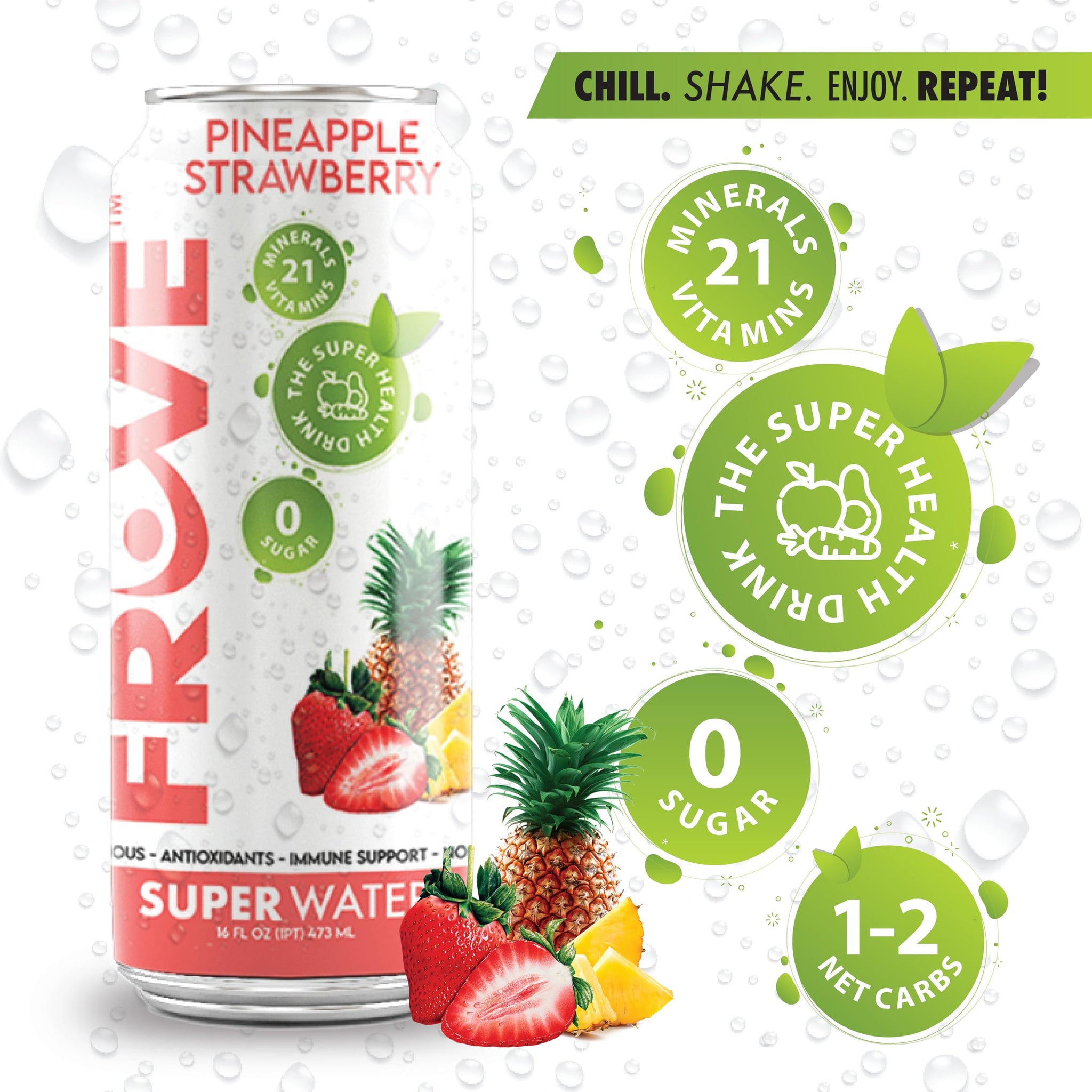 FrUve Super Water | Pineapple Strawberry Flavor | 12 16oz Cans | Healthy Drink | Zero Sugar | Low Calorie Drink | Powerful Antioxidants | Boosts