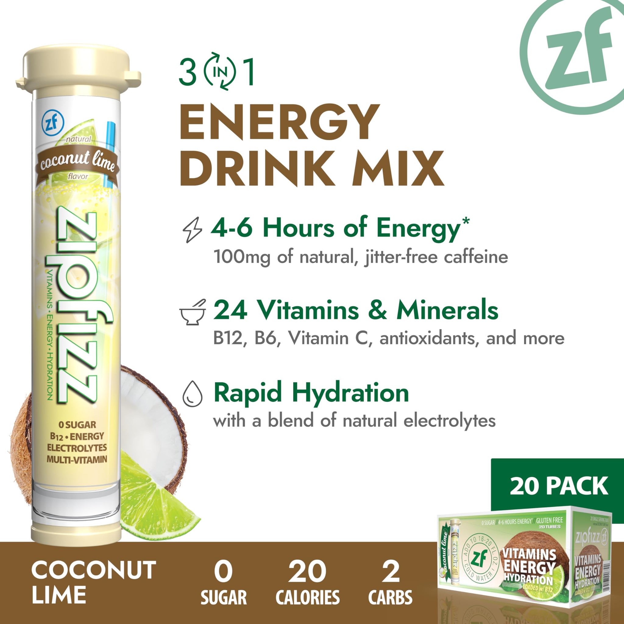 Zipfizz Daily Energy Drink Powder, Coconut Lime, 20 Pack | 3-in-1 Sustained Energy, Rapid Hydration, and Essential Vitamins | Sugar-Free | Electrolyte