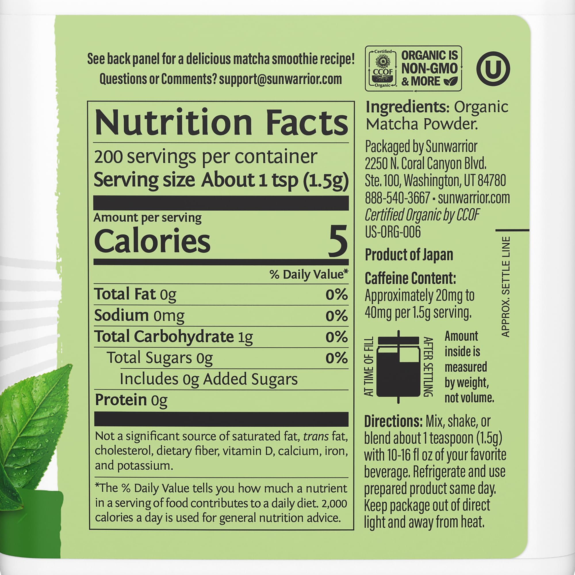 Organic Matcha Green Tea Powder Culinary Grade Matcha for Smoothies Baking Lattes Vegan Sugar & Dairy Free 225 Servings Sunwarrior