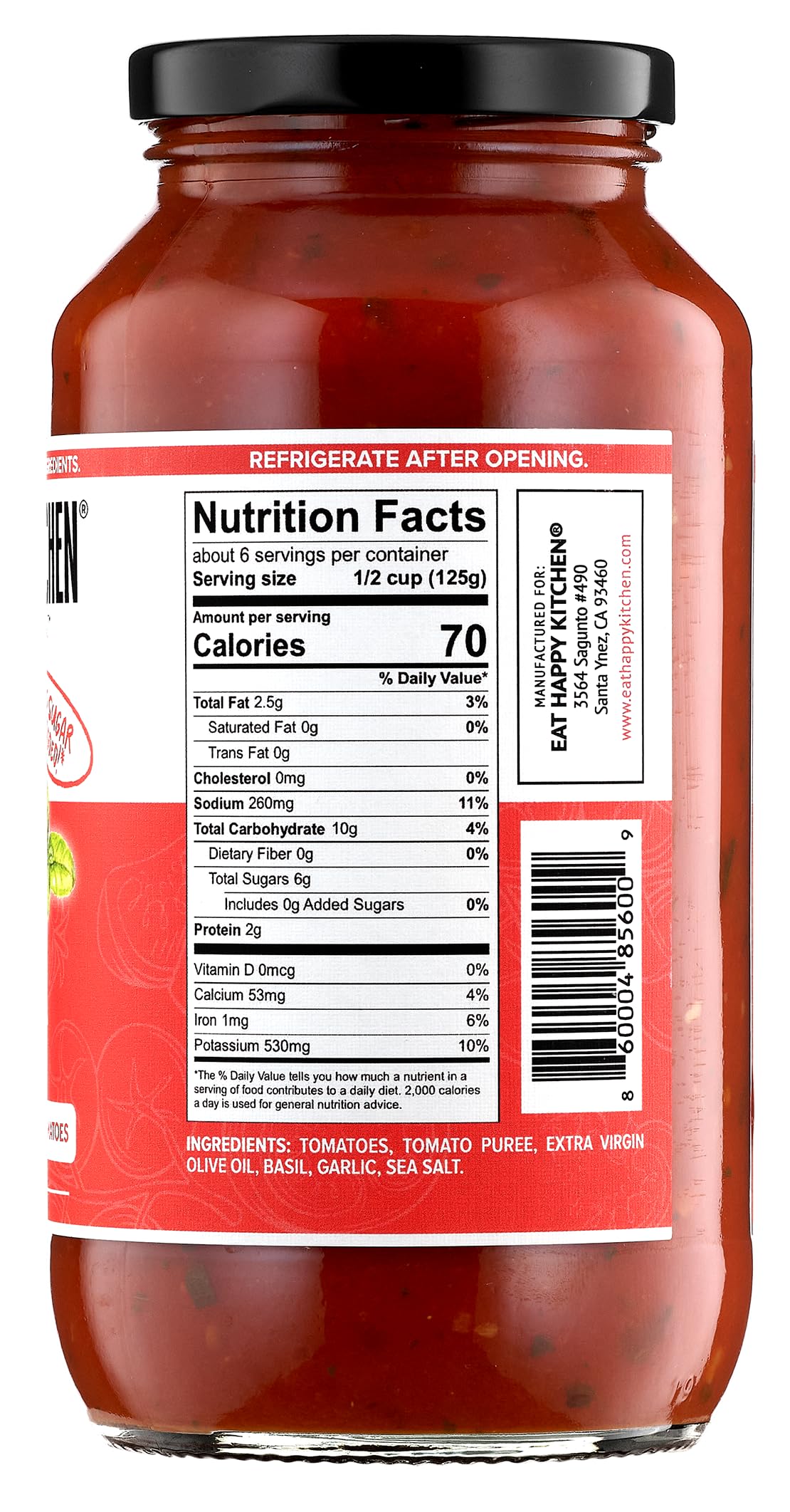 Eat Happy Kitchen Marinara Sauce - Made with Premium California Tomatoes & Extra Virgin Olive Oil - No Sugar Added, No Seed Oils, No Fillers, Gluten