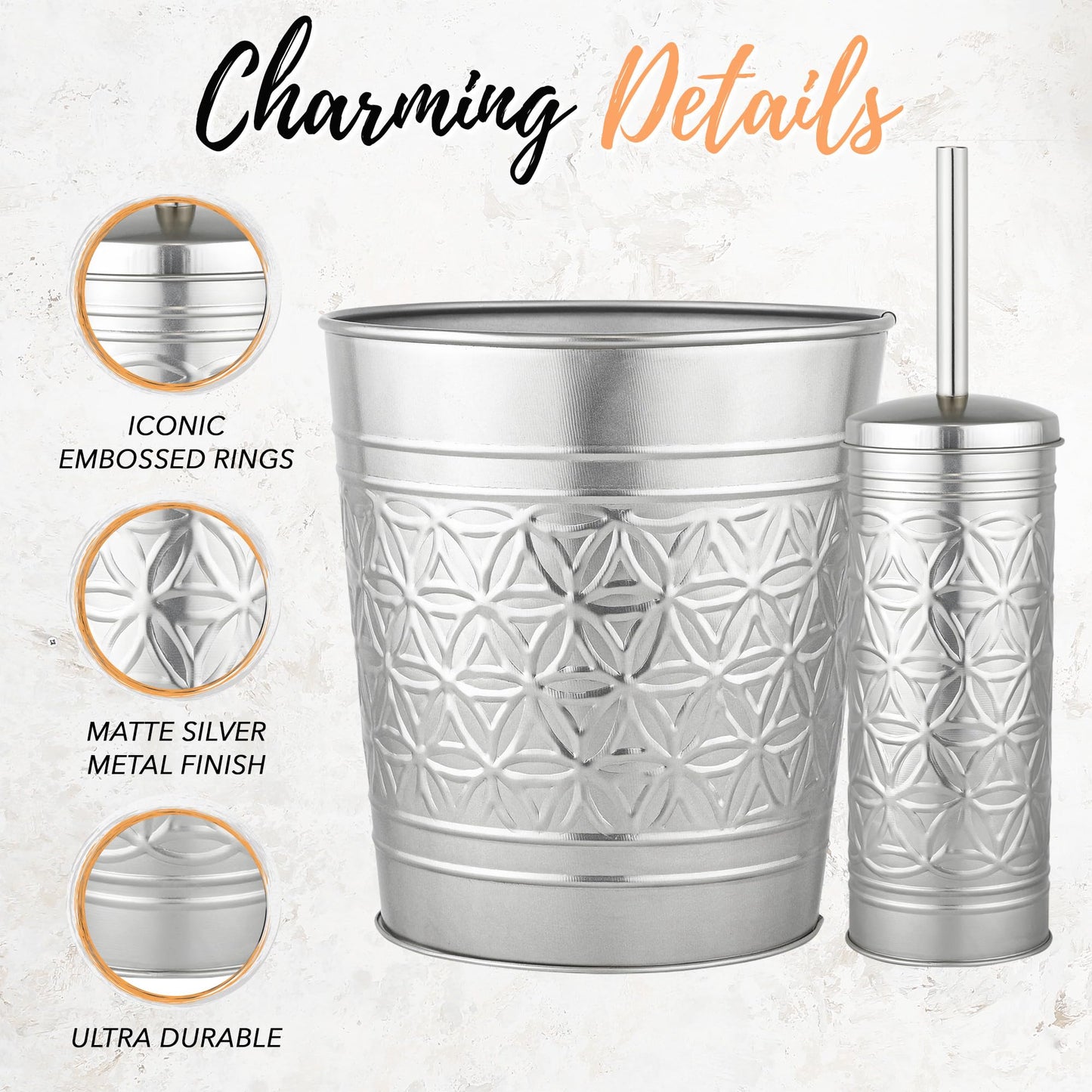 Autumn Alley Brushed Nickel Bathroom Trash Can and Toilet Brush Set - 2-Piece Silver Metal Bathroom Accessories Set, Modern Farmhouse & Transitional