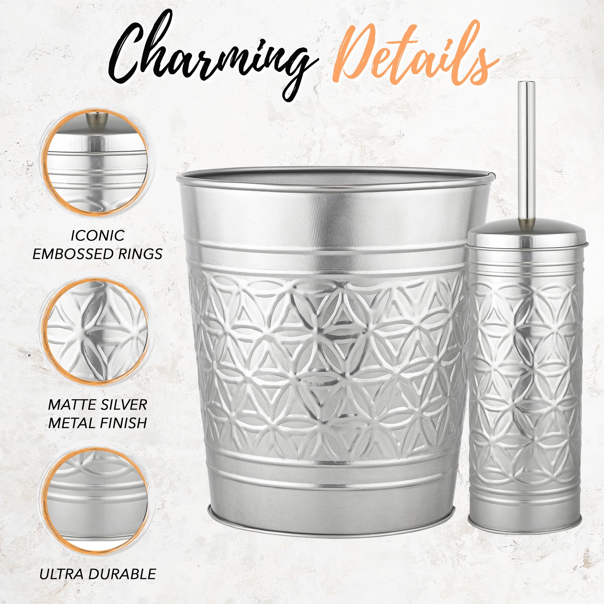 Autumn Alley Brushed Nickel Bathroom Trash Can and Toilet Brush Set - 2-Piece Silver Metal Bathroom Accessories Set, Modern Farmhouse & Transitional