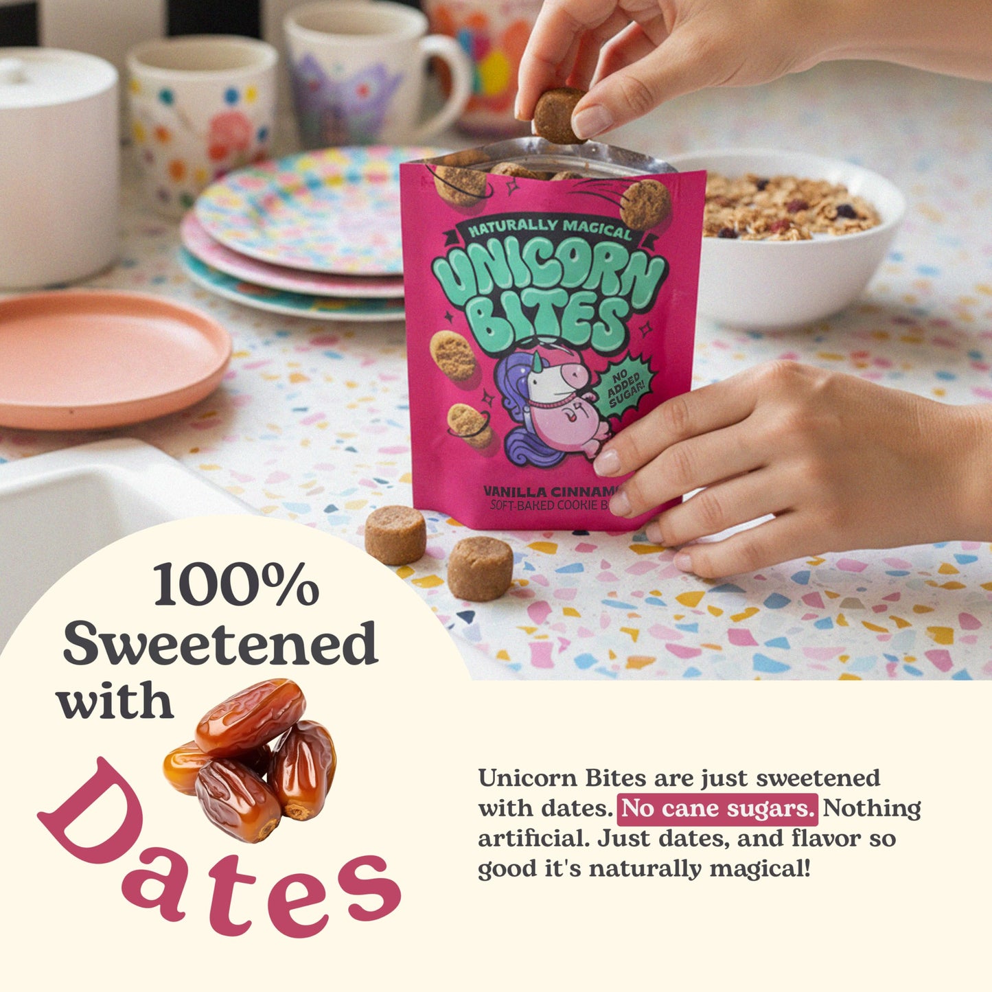 Unicorn Bites Mini Soft Baked Cookies (Vanilla Cinnamon 3-Pack) - Healthy Low Sugar Snacks for Kids, Naturally Sweetened with Dates - Moist, Dense