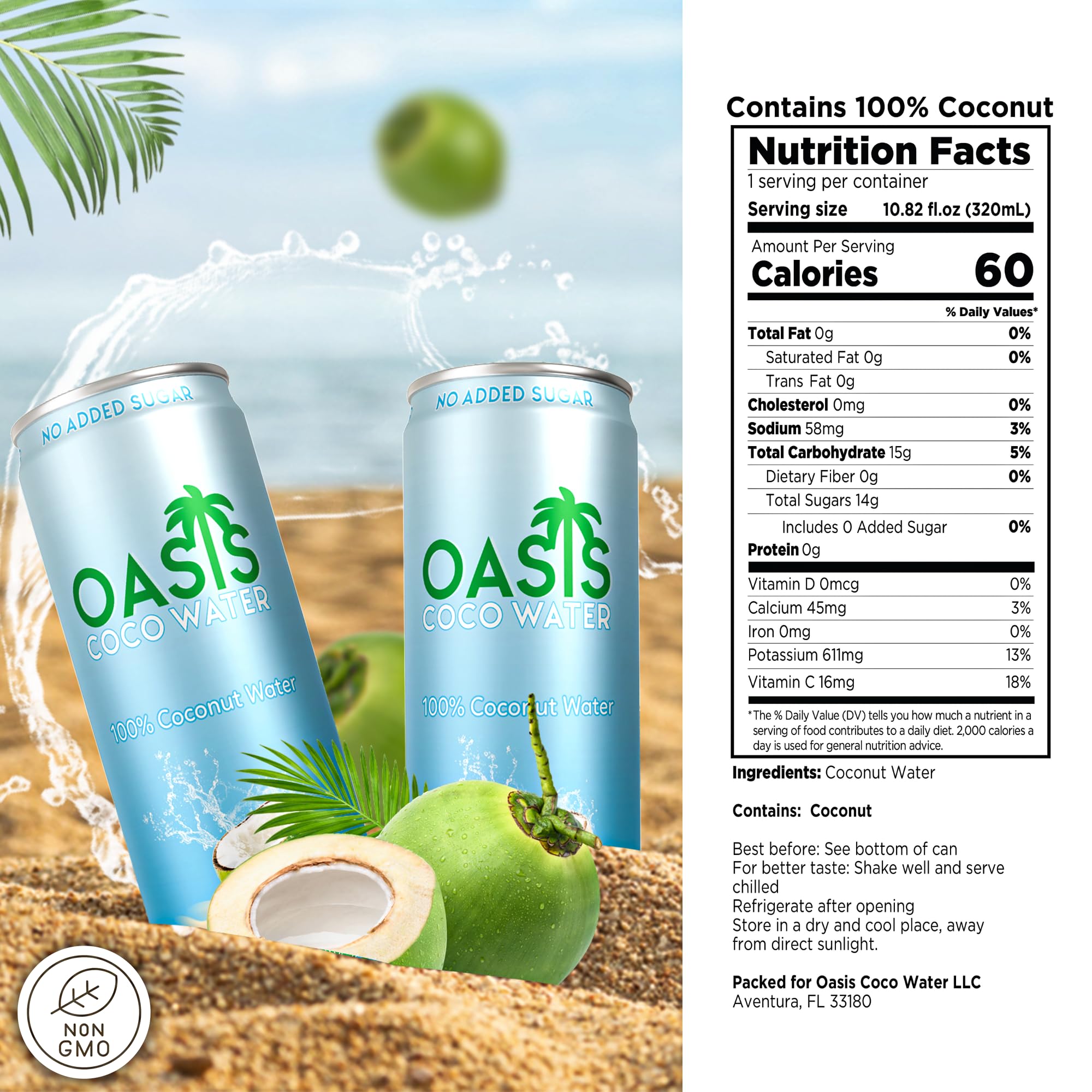 Oasis Coconut Water, 12 Pack, 100% Pure Coconut Water with Electrolytes, Natural Hydration Electrolyte Water Drink, Low Calorie, No Sugar Added, No