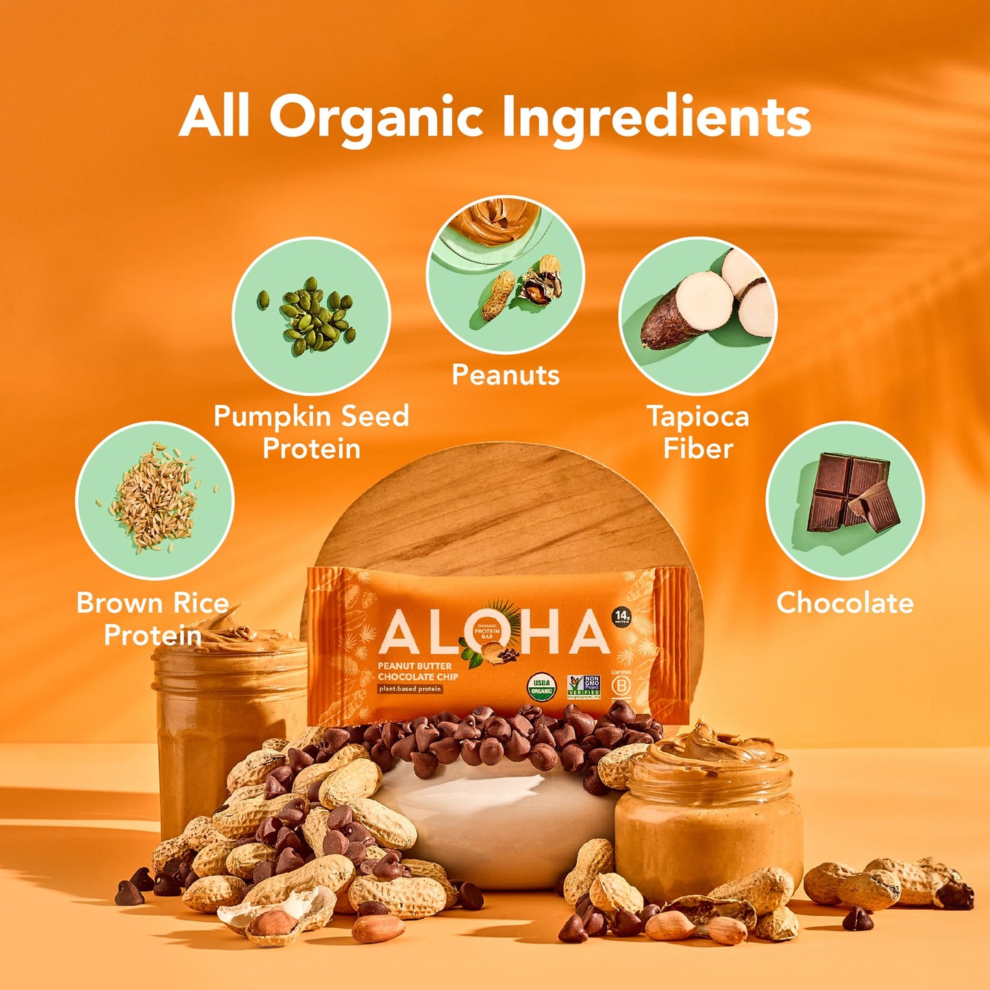 ALOHA Organic Plant Based Protein Bars |Peanut Butter Chocolate Chip | 1.98 Oz (Pack of 12) | Vegan, Low Sugar, Gluten Free, Paleo, Low Carb, Non-GMO