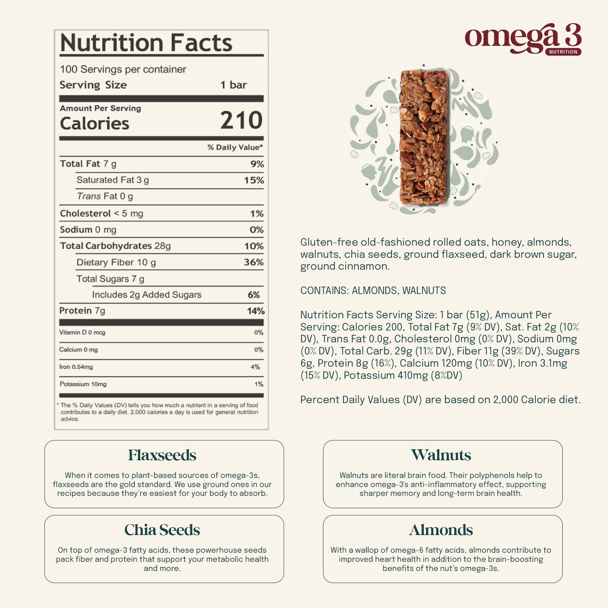 Eat Omega 3 Cinnamon Granola Bar - Gluten-Free, Dairy-Free, Plant-Based Protein Snack with Omega-3 & Omega-6, Low Sugar, Non-GMO - 1.79oz, 12 Count