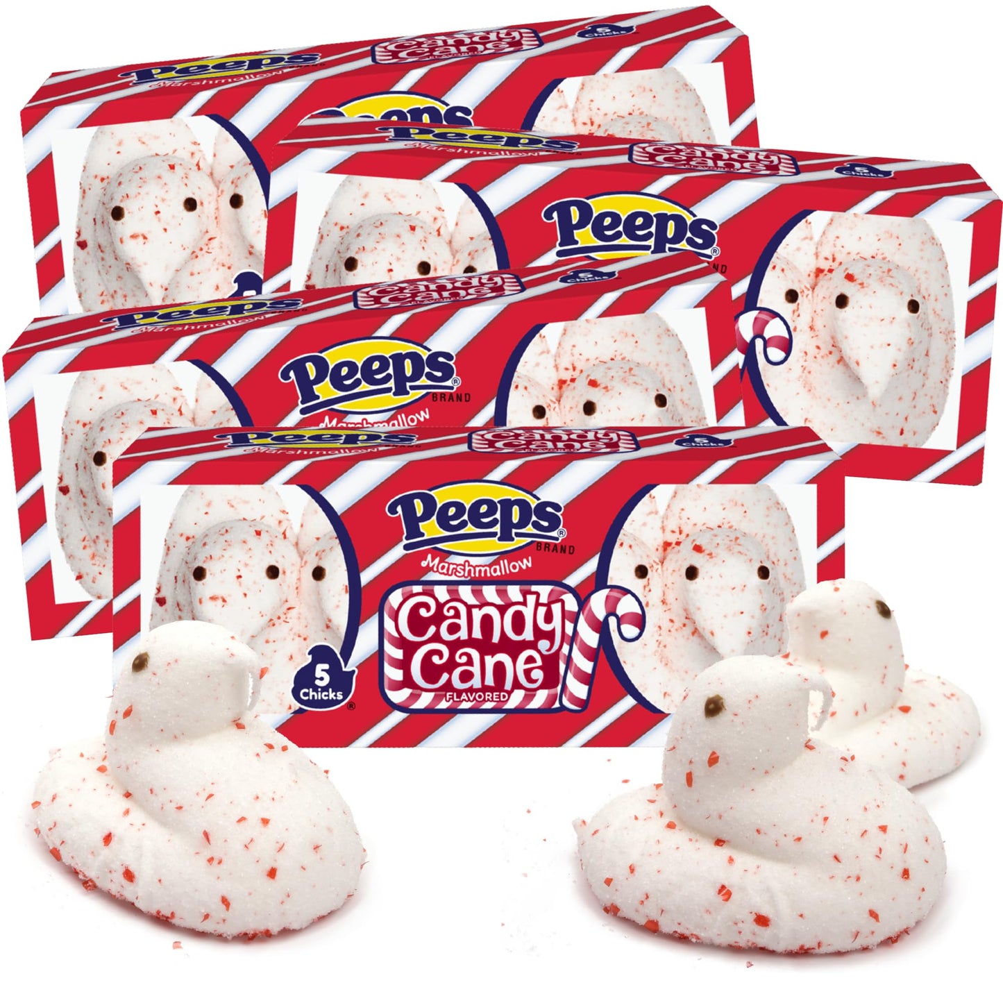 Candy Cane Peeps Marshmallow Chicks, Festive Holiday Peppermint Treats, Christmas Dessert Toppers or Stocking Stuffers, 5 Count Sleeves (Pack of 4)